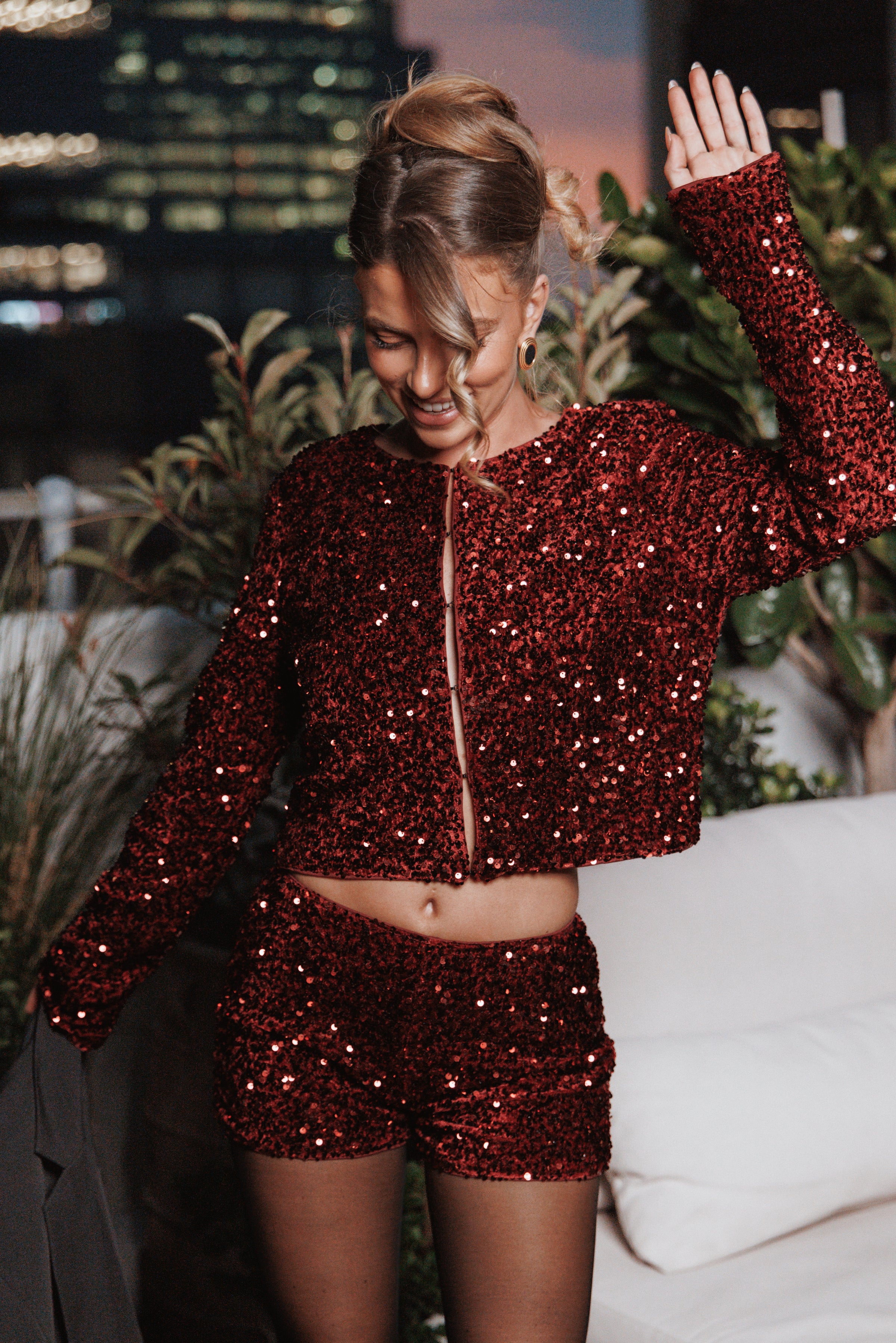 Petal and Pup USA OUTERWEAR Scarlette Cropped Jacket - Burgundy Sequin