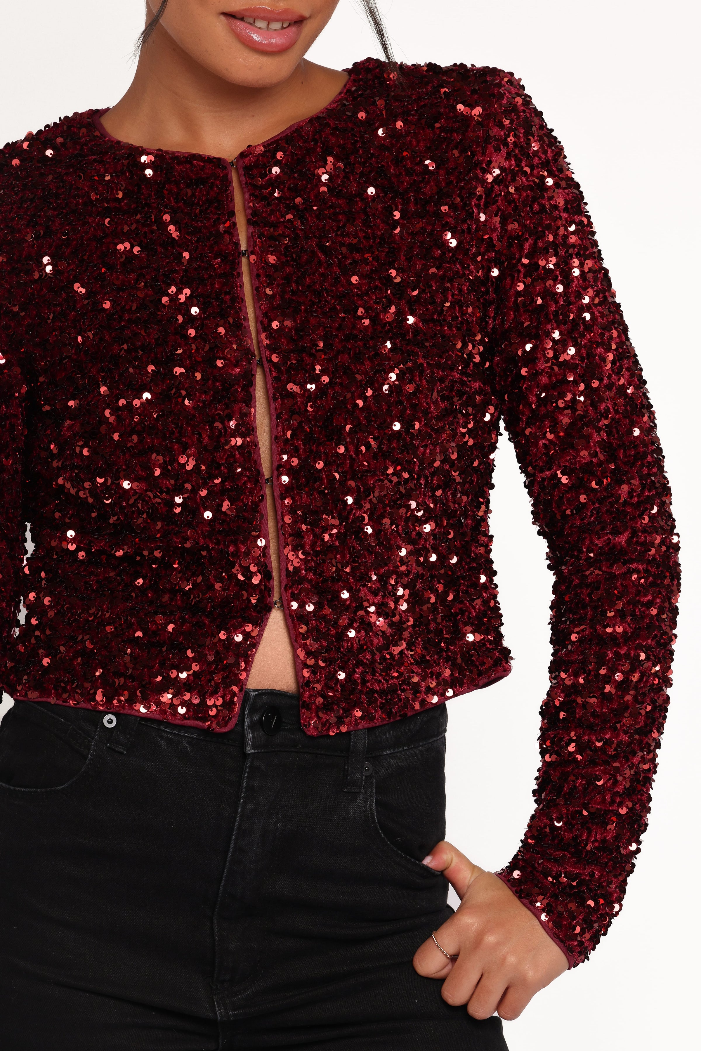 Petal and Pup USA OUTERWEAR Scarlette Cropped Jacket - Burgundy Sequin
