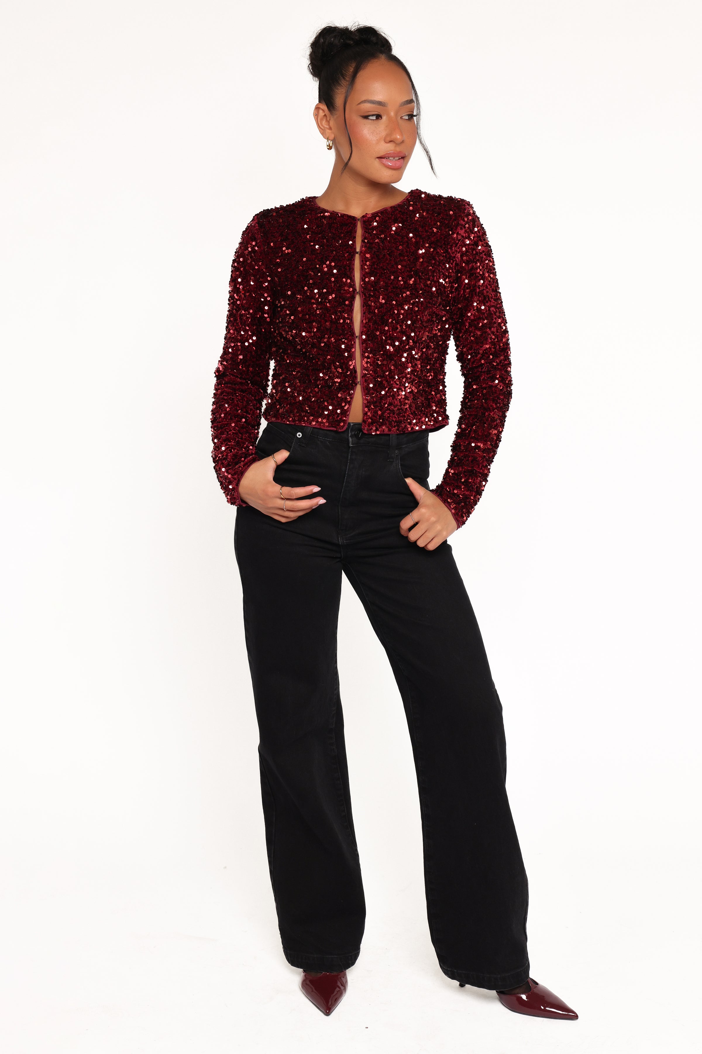 Petal and Pup USA OUTERWEAR Scarlette Cropped Jacket - Burgundy Sequin