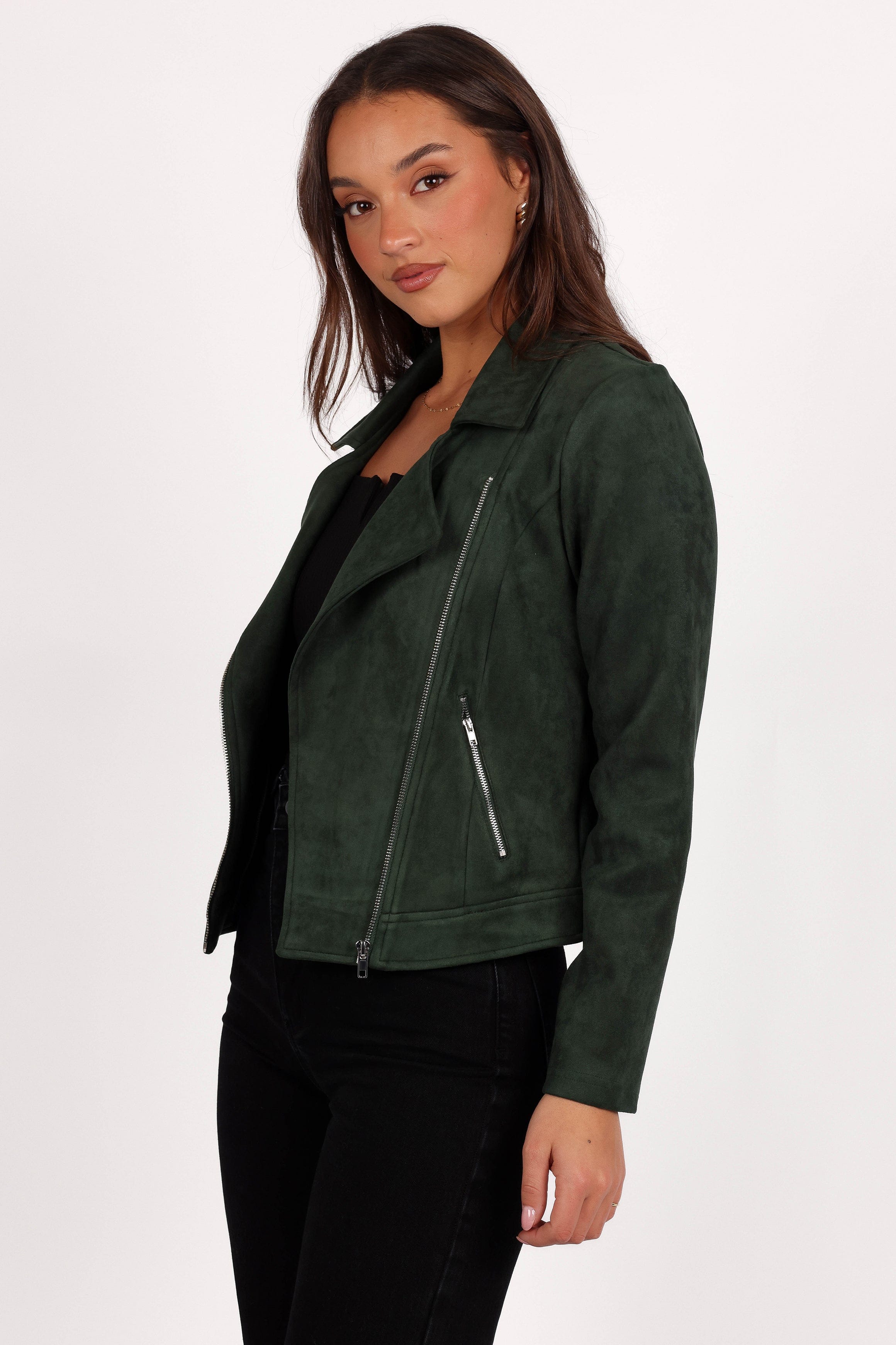 Petal and Pup USA OUTERWEAR Spencer Faux Suede Moto Jacket - Olive
