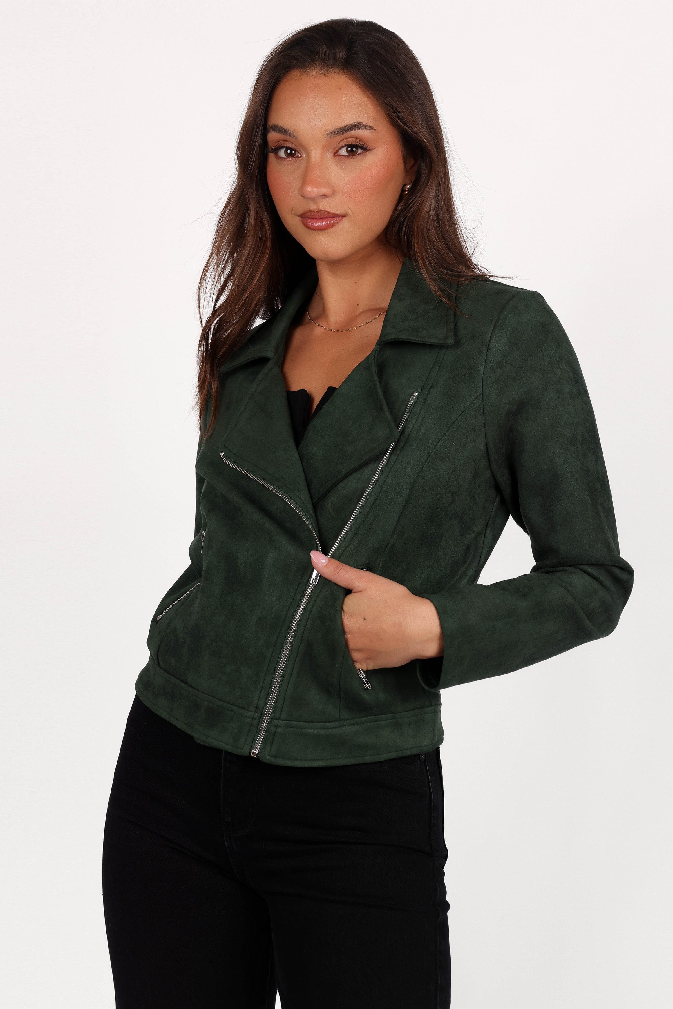 Petal and Pup USA OUTERWEAR Spencer Faux Suede Moto Jacket - Olive