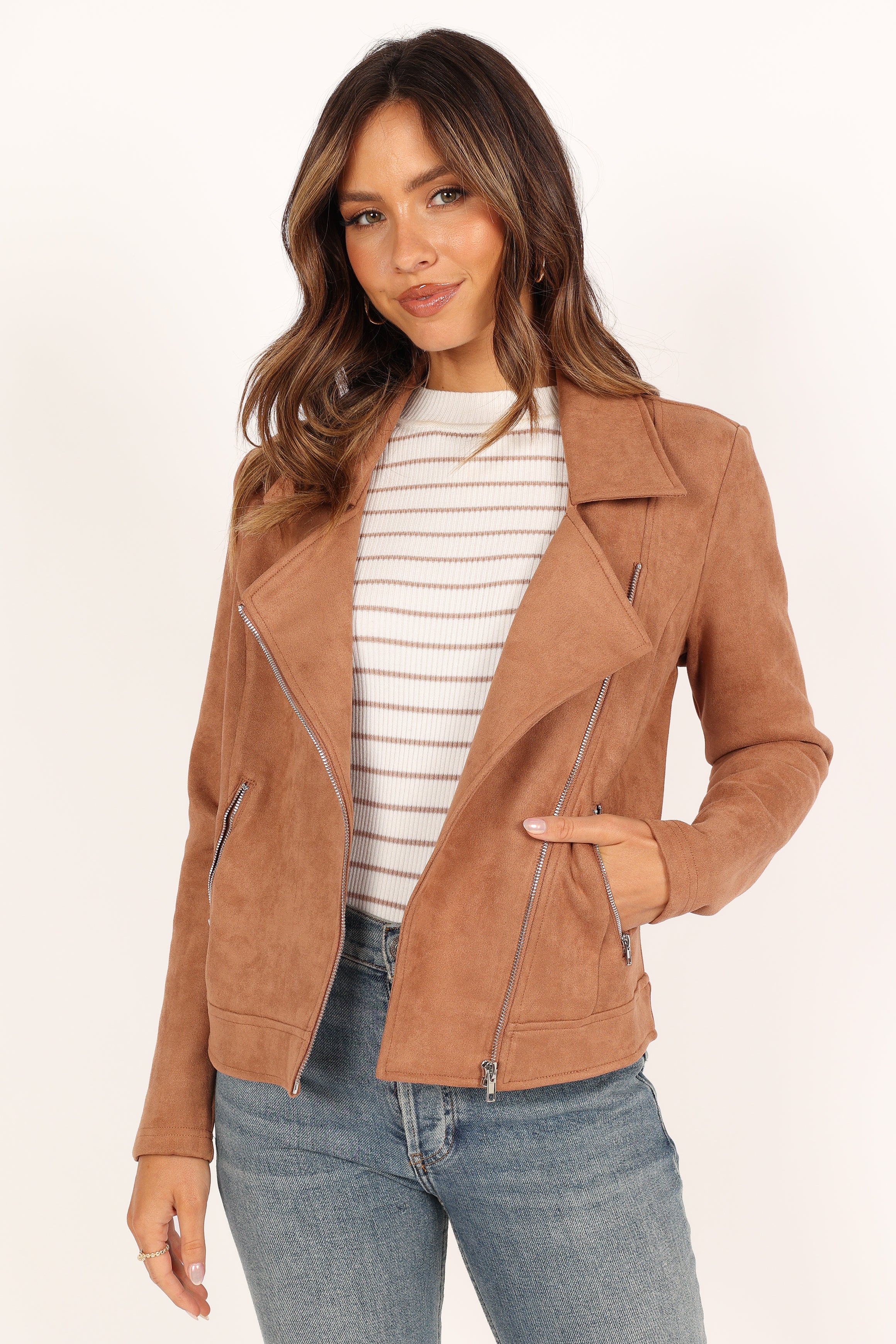 Petal and Pup USA OUTERWEAR Spencer Faux Suede Moto Jacket - Tan