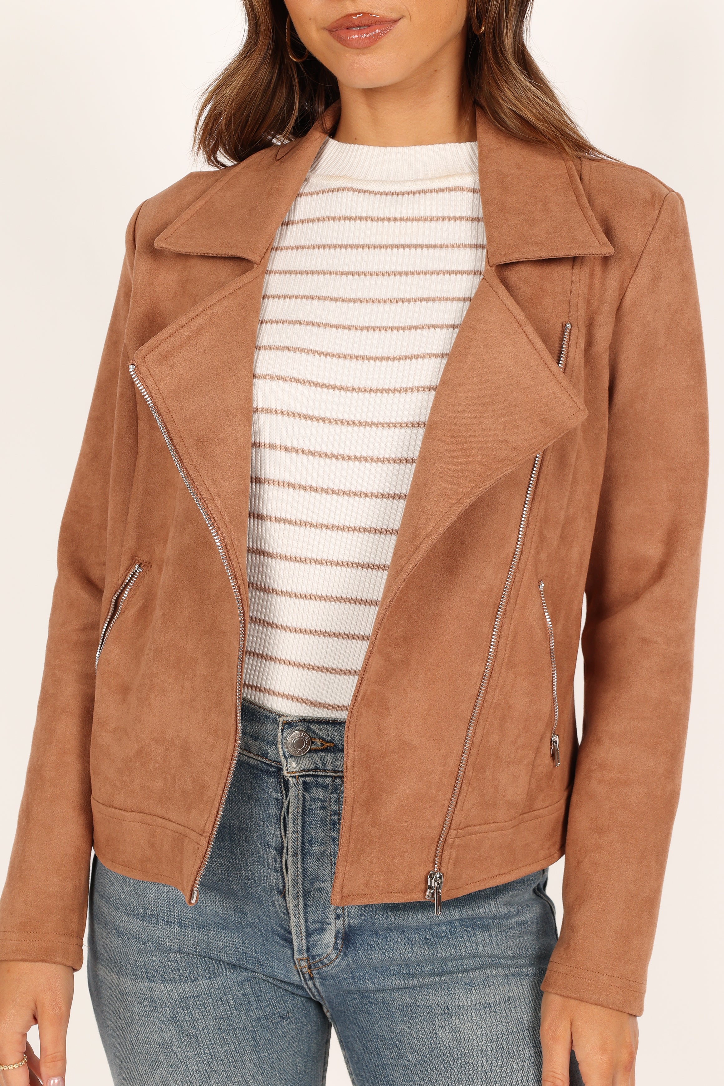 Petal and Pup USA OUTERWEAR Spencer Faux Suede Moto Jacket - Tan