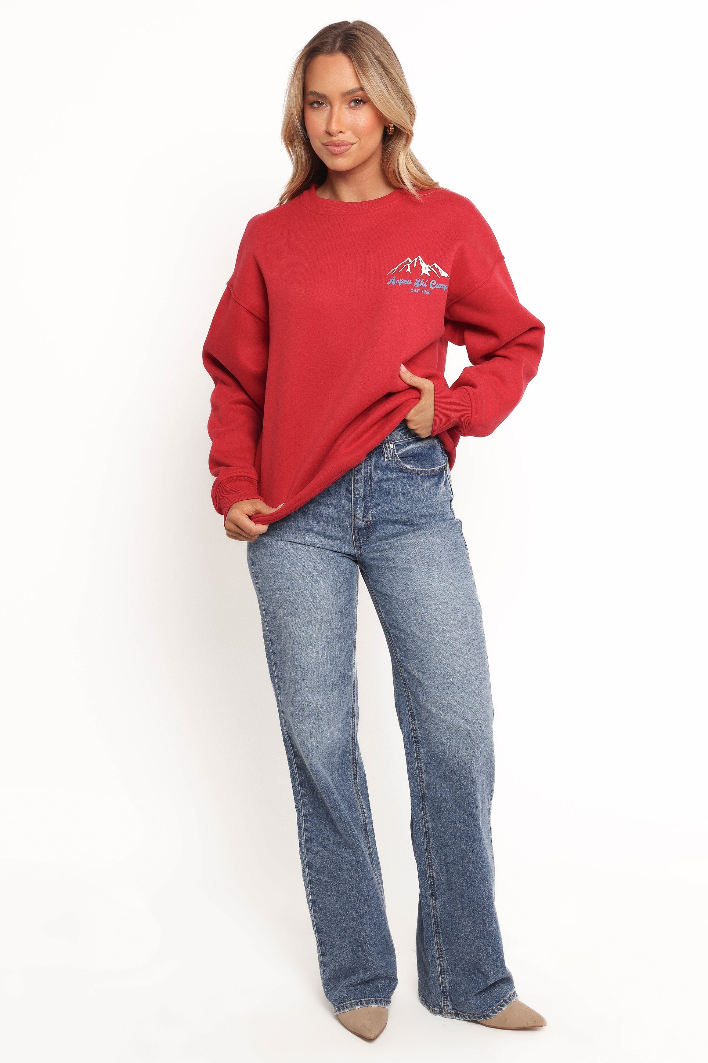 Petal and Pup USA OUTERWEAR Torie Apres Ski Camp Sweatshirt - Cherry