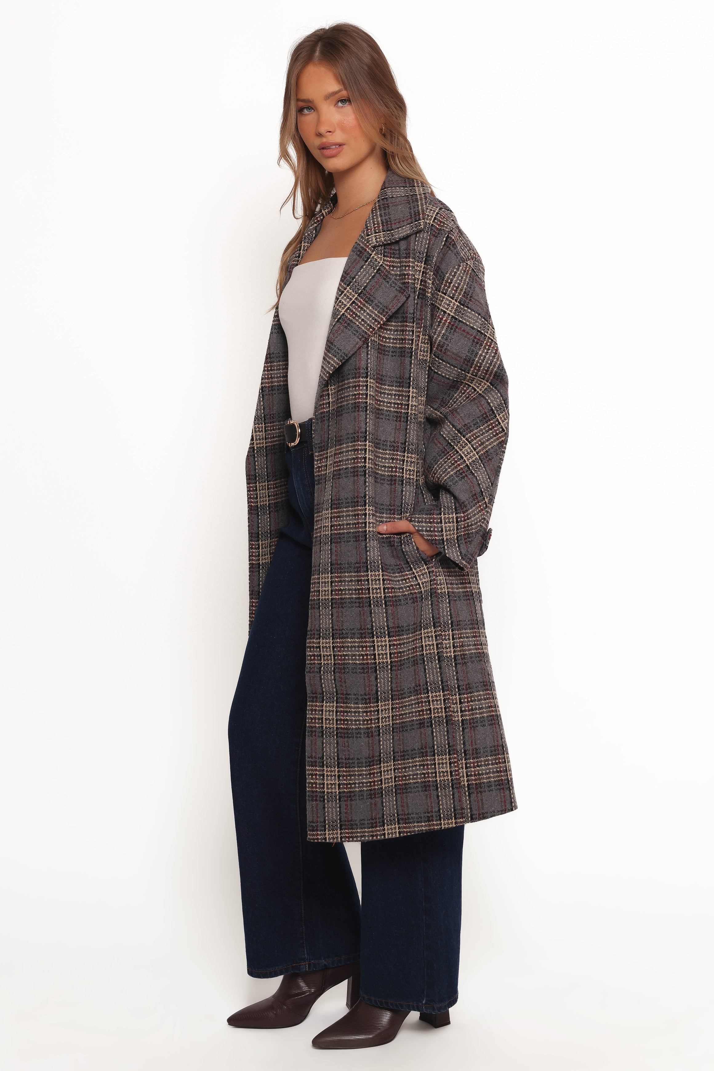 Petal and Pup USA OUTERWEAR Torie Waist Tie Long Coat - Grey Check