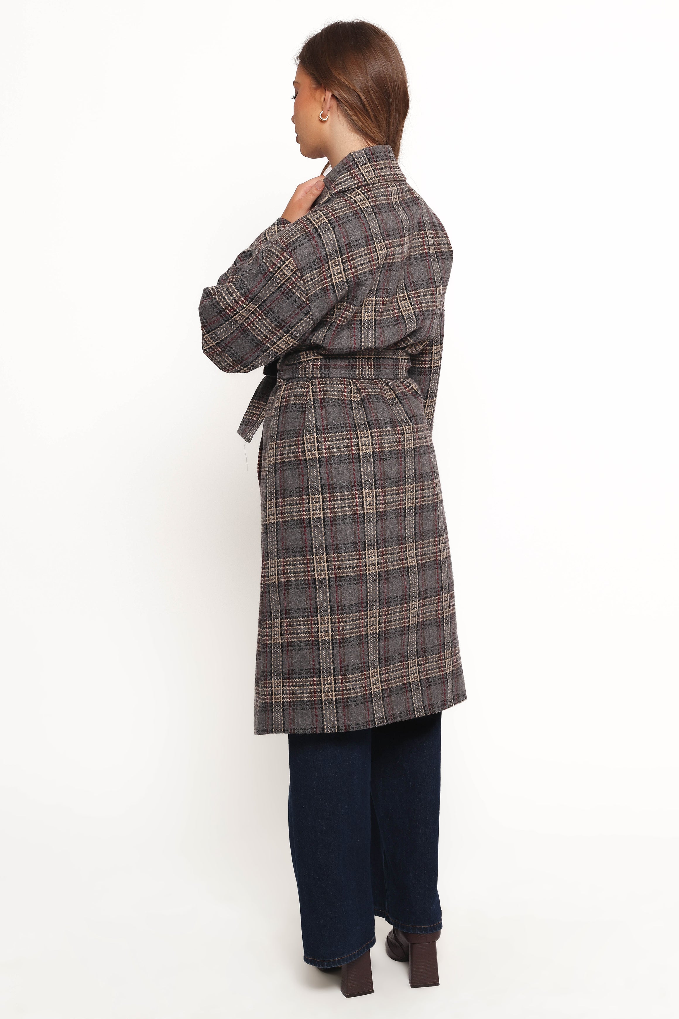 Petal and Pup USA OUTERWEAR Torie Waist Tie Long Coat - Grey Check