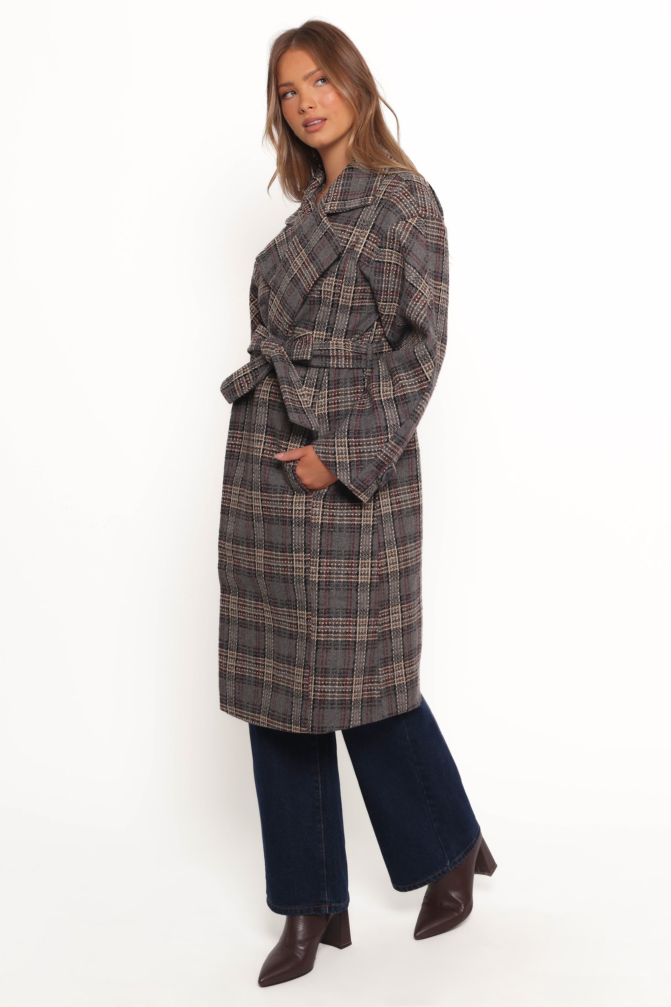 Petal and Pup USA OUTERWEAR Torie Waist Tie Long Coat - Grey Check