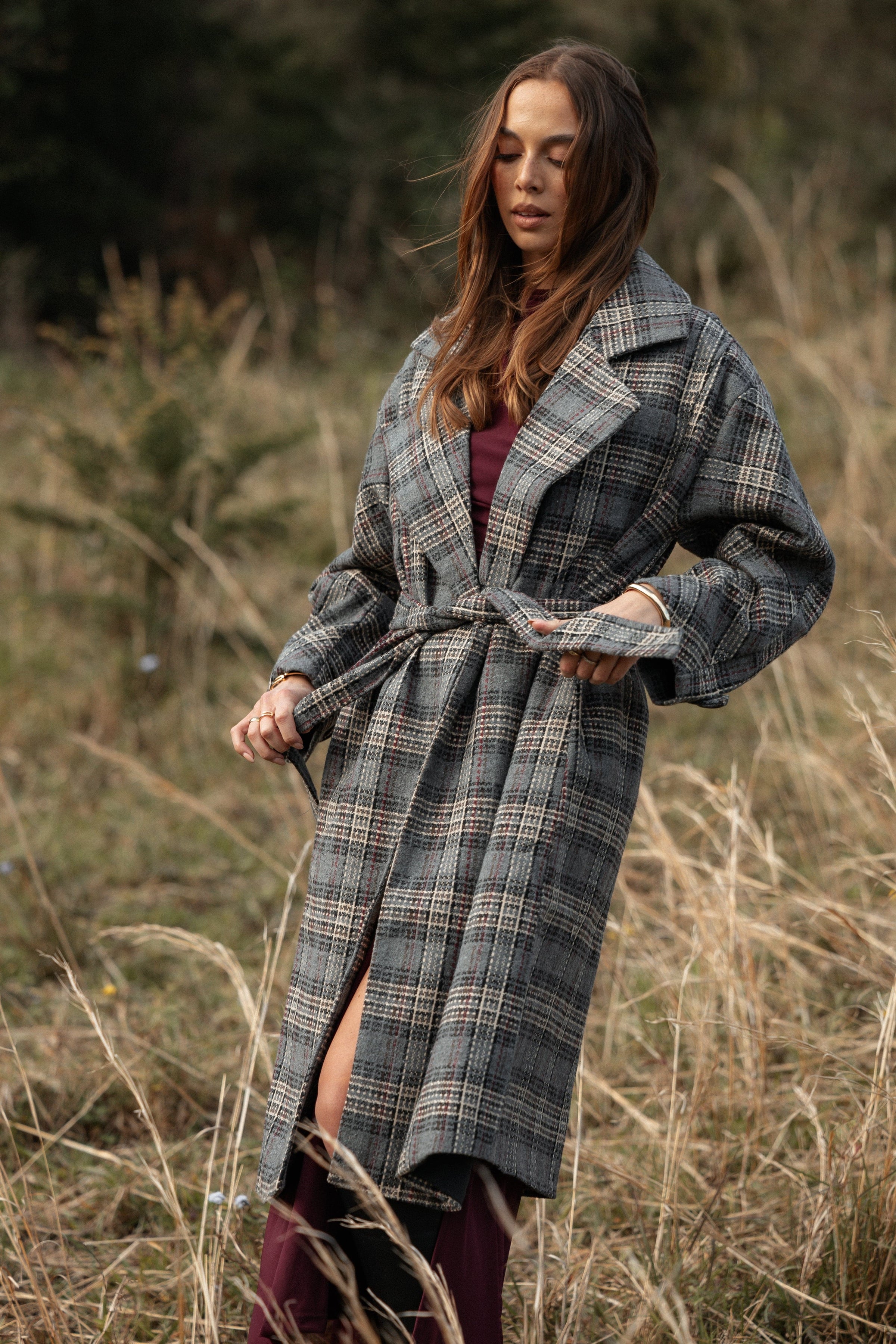Petal and Pup USA OUTERWEAR Torie Waist Tie Long Coat - Grey Check (Hold for Rack)
