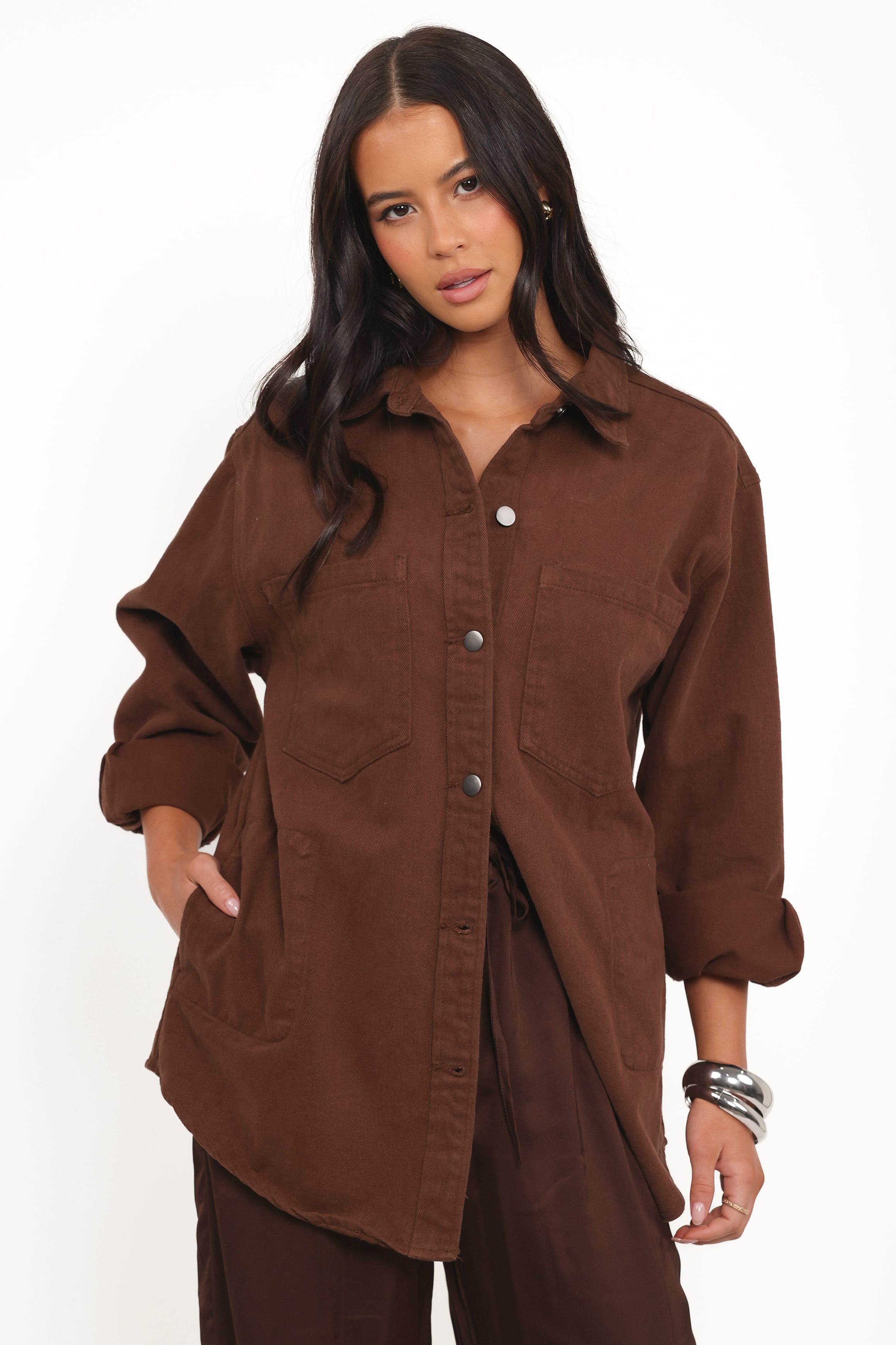 Petal and Pup USA OUTERWEAR Toto Denim Shacket - Chocolate Brown