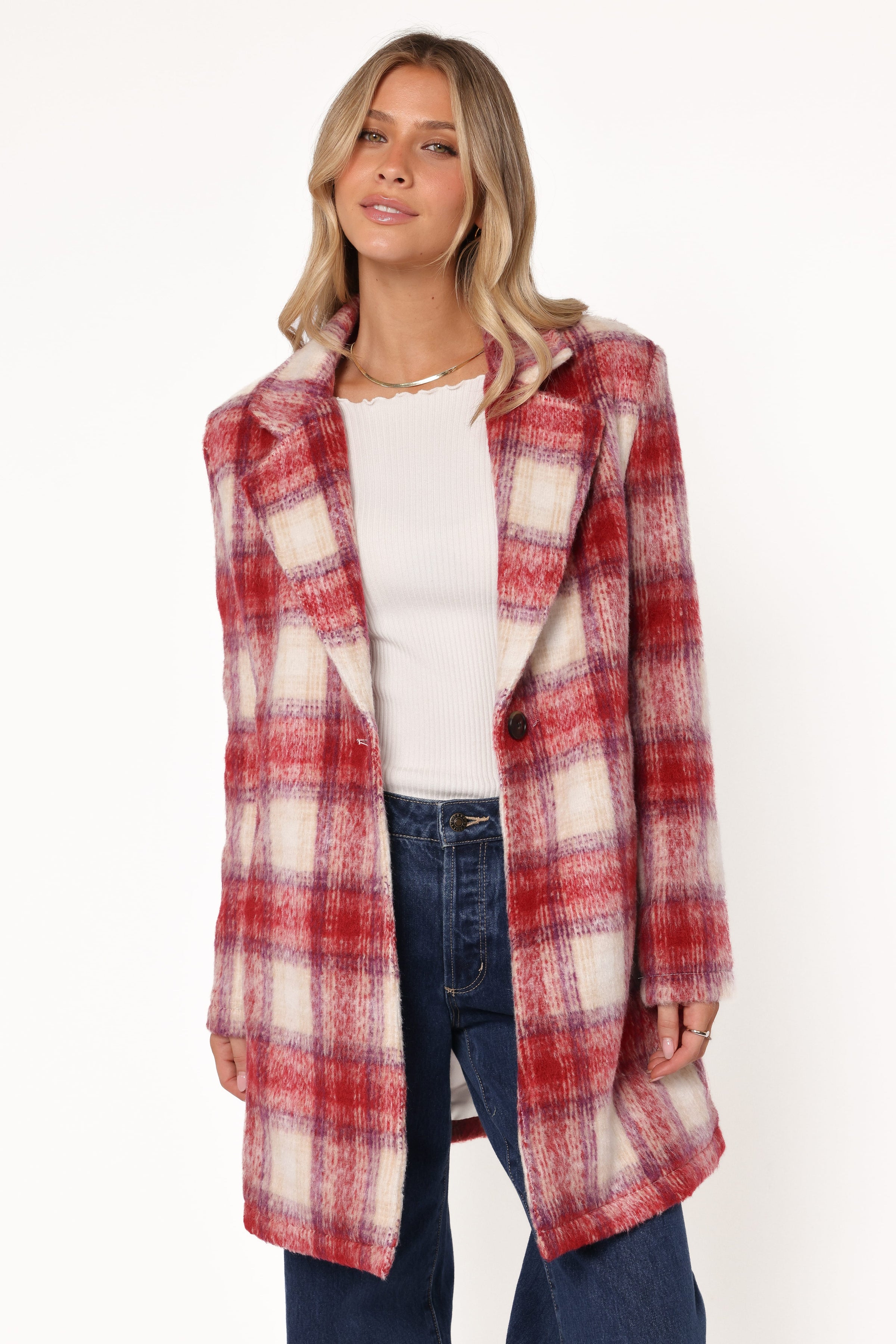 Petal and Pup USA OUTERWEAR Travistine Long Plaid Coat - Pink