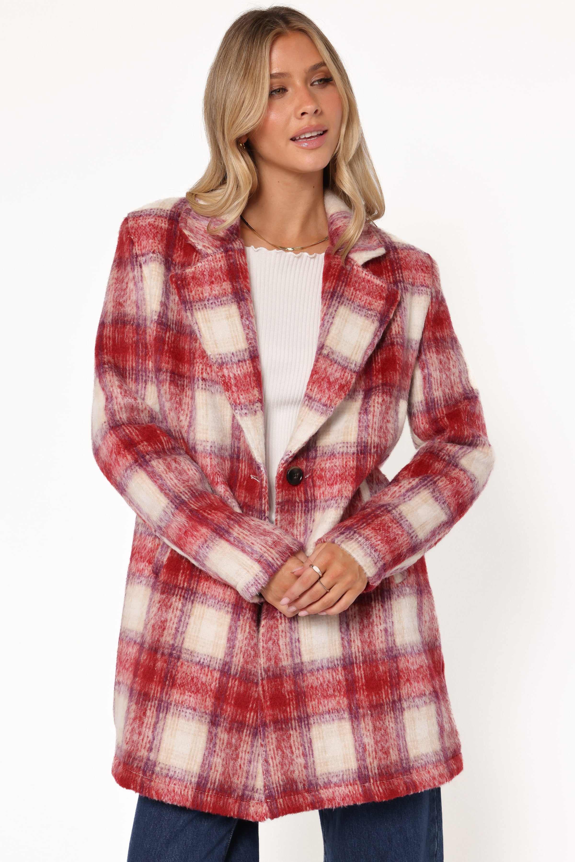 Petal and Pup USA OUTERWEAR Travistine Long Plaid Coat - Pink
