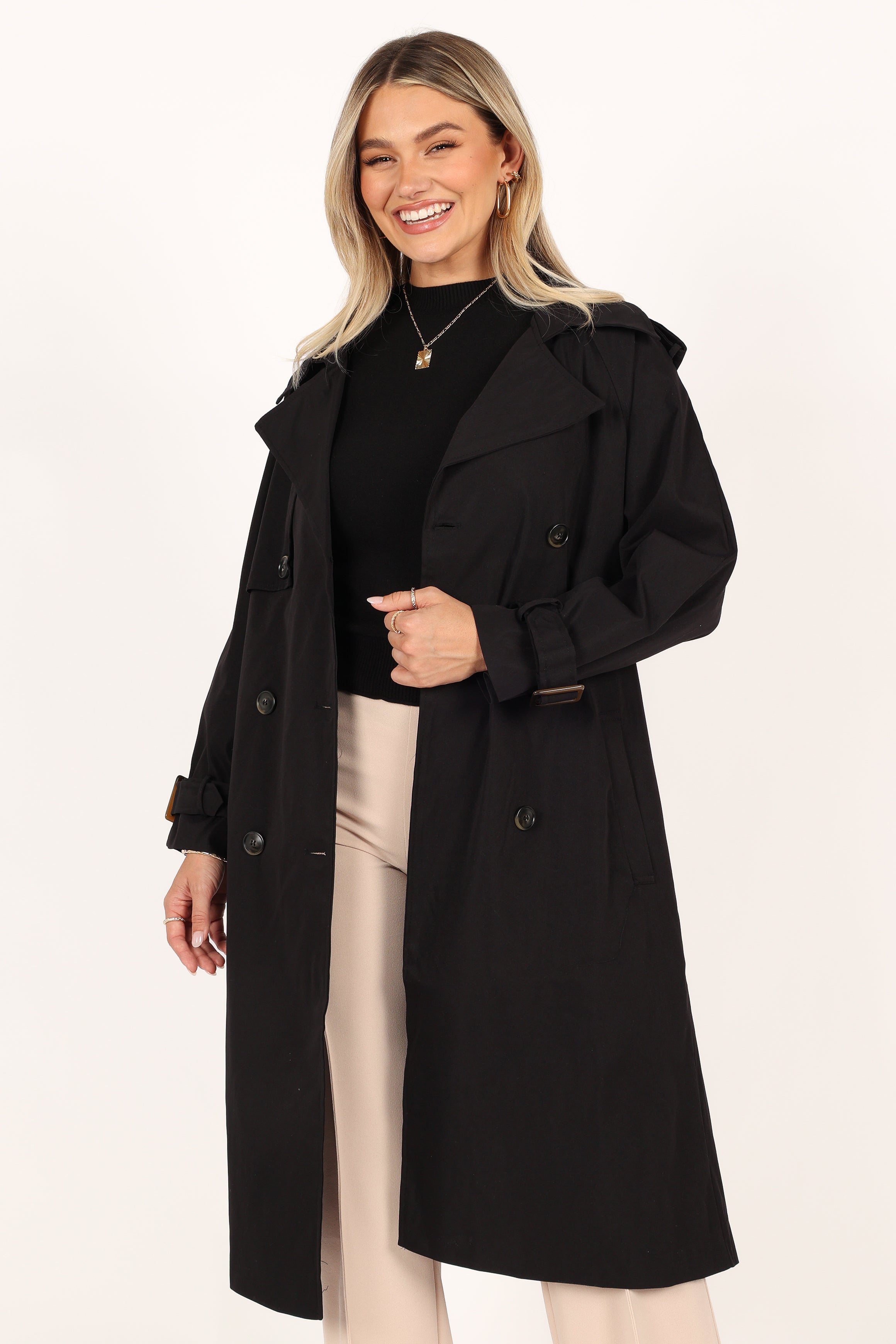 Petal and Pup USA OUTERWEAR Trina Button Front Trench Coat - Black
