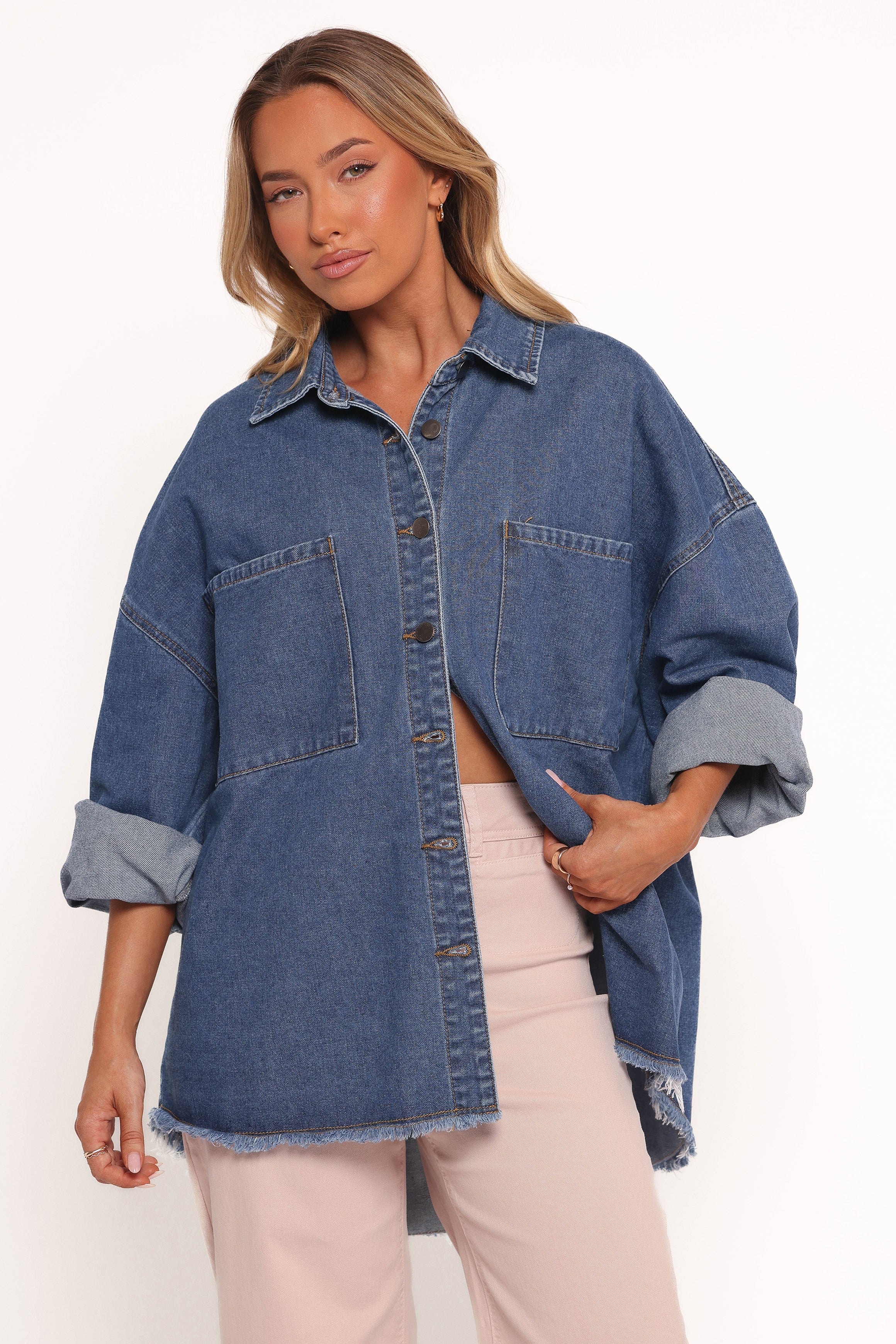 Petal and Pup USA OUTERWEAR Twiggy Frayed Edge Denim Shacket - Denim