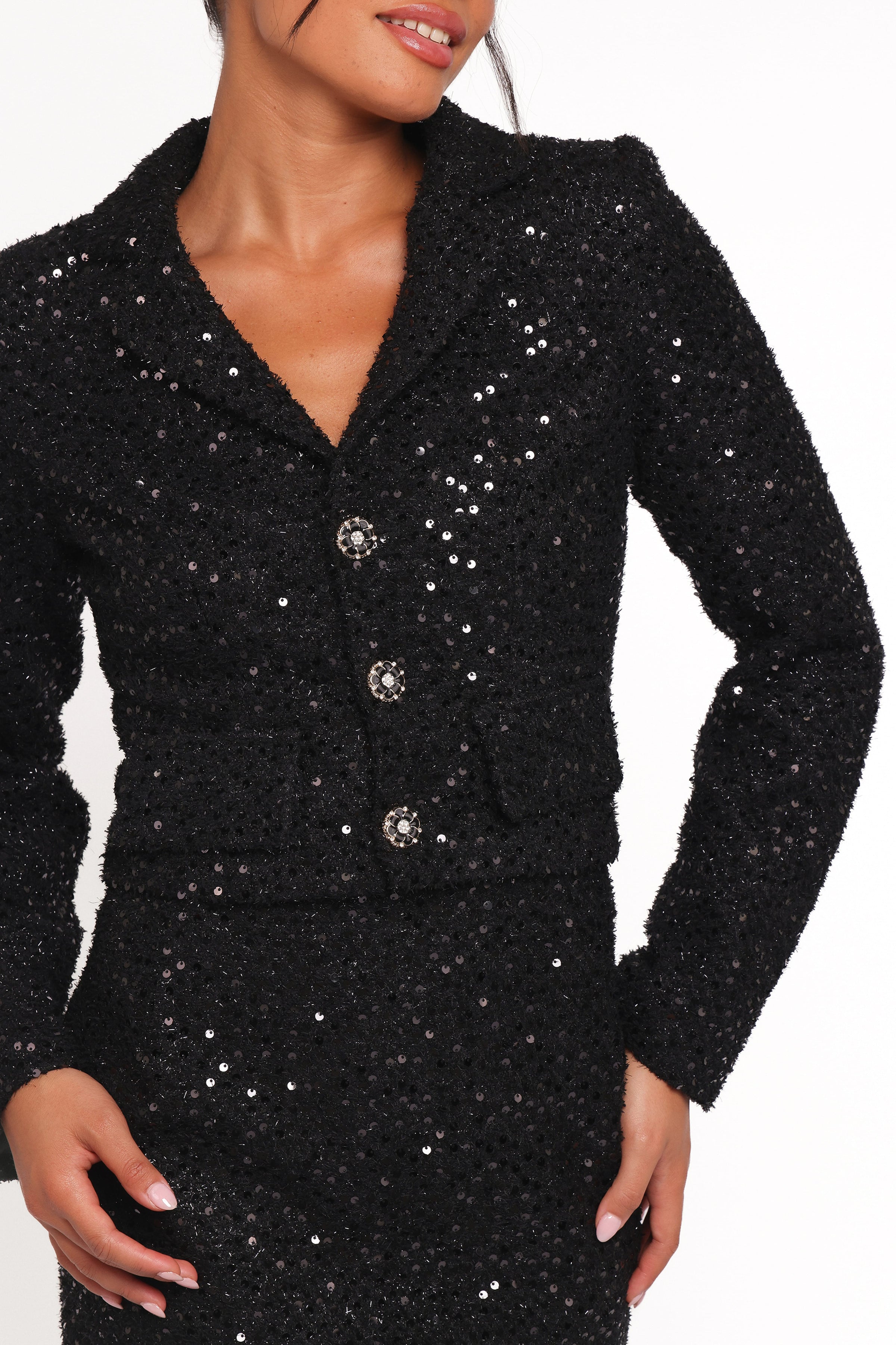Petal and Pup USA OUTERWEAR Valentina Cropped Blazer - Black Sequin