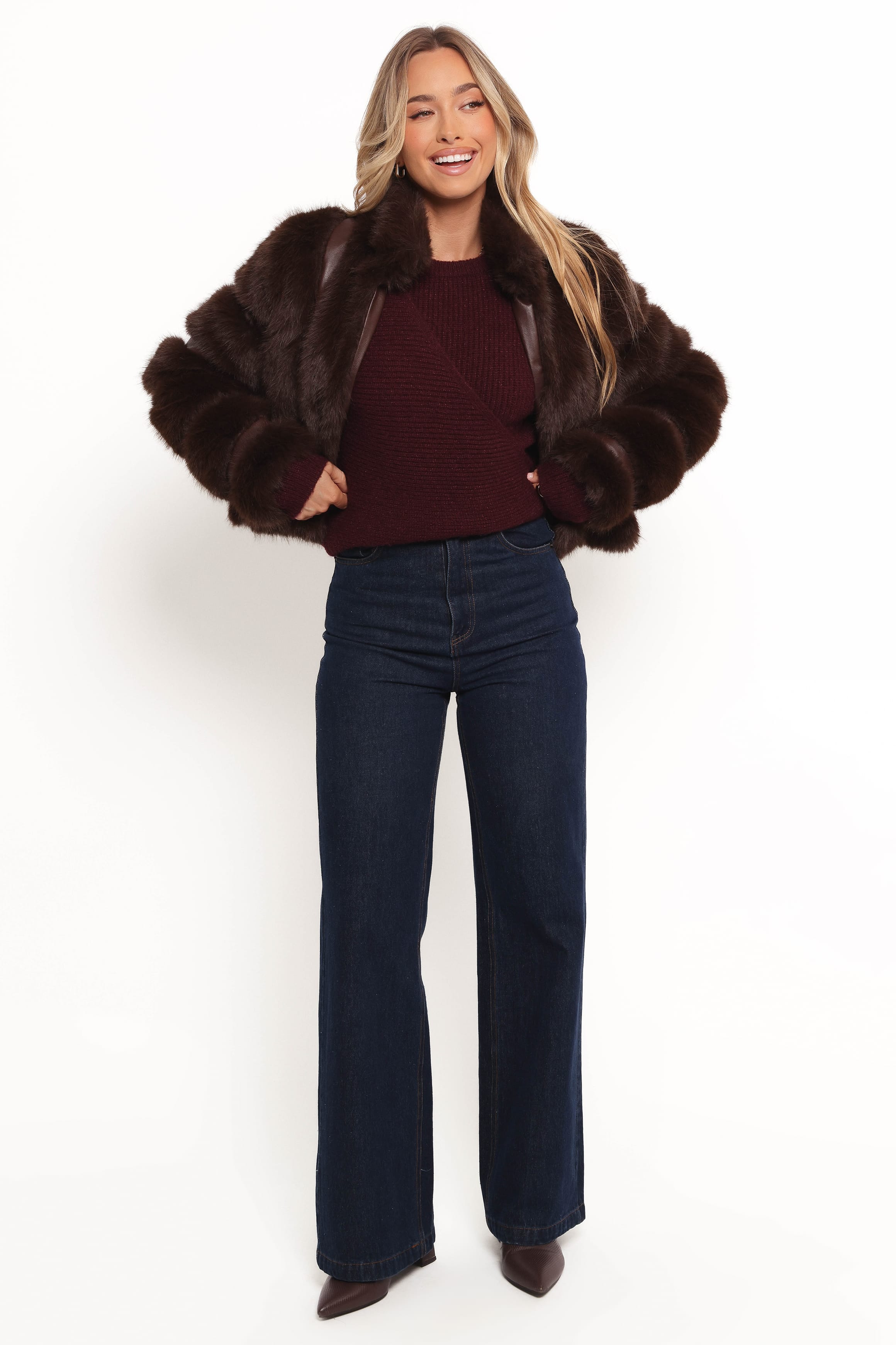 Petal and Pup USA OUTERWEAR Velma Channel Faux Fur Jacket - Chocolate