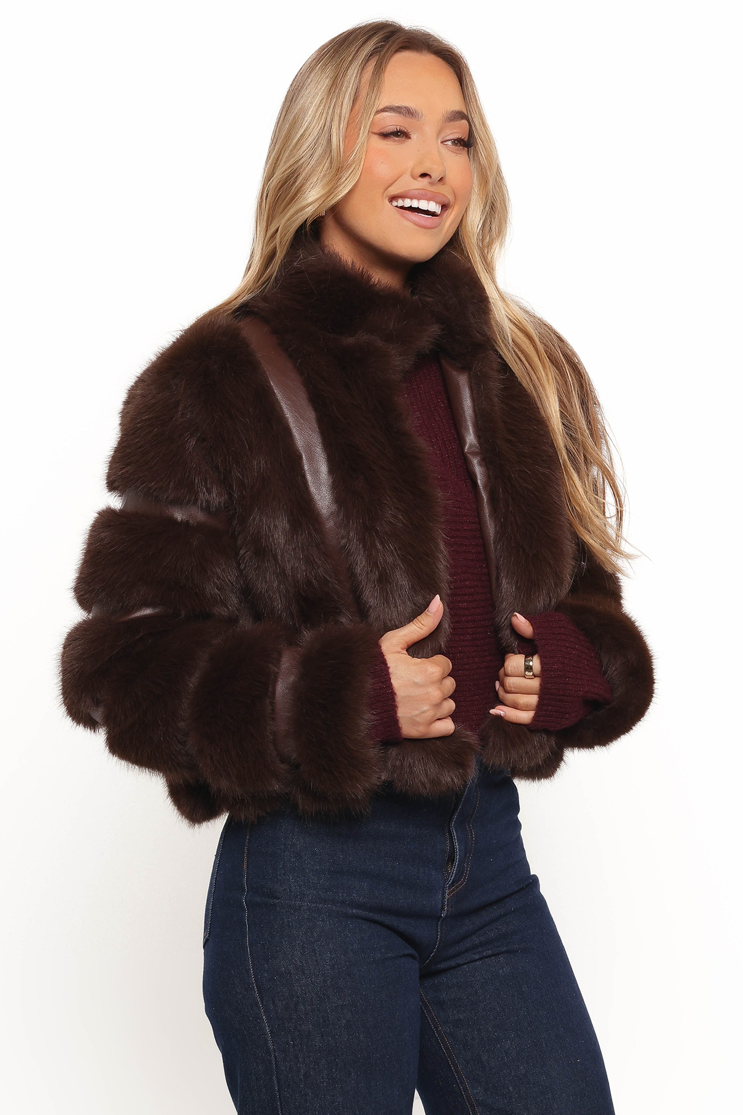 Petal and Pup USA OUTERWEAR Velma Channel Faux Fur Jacket - Chocolate