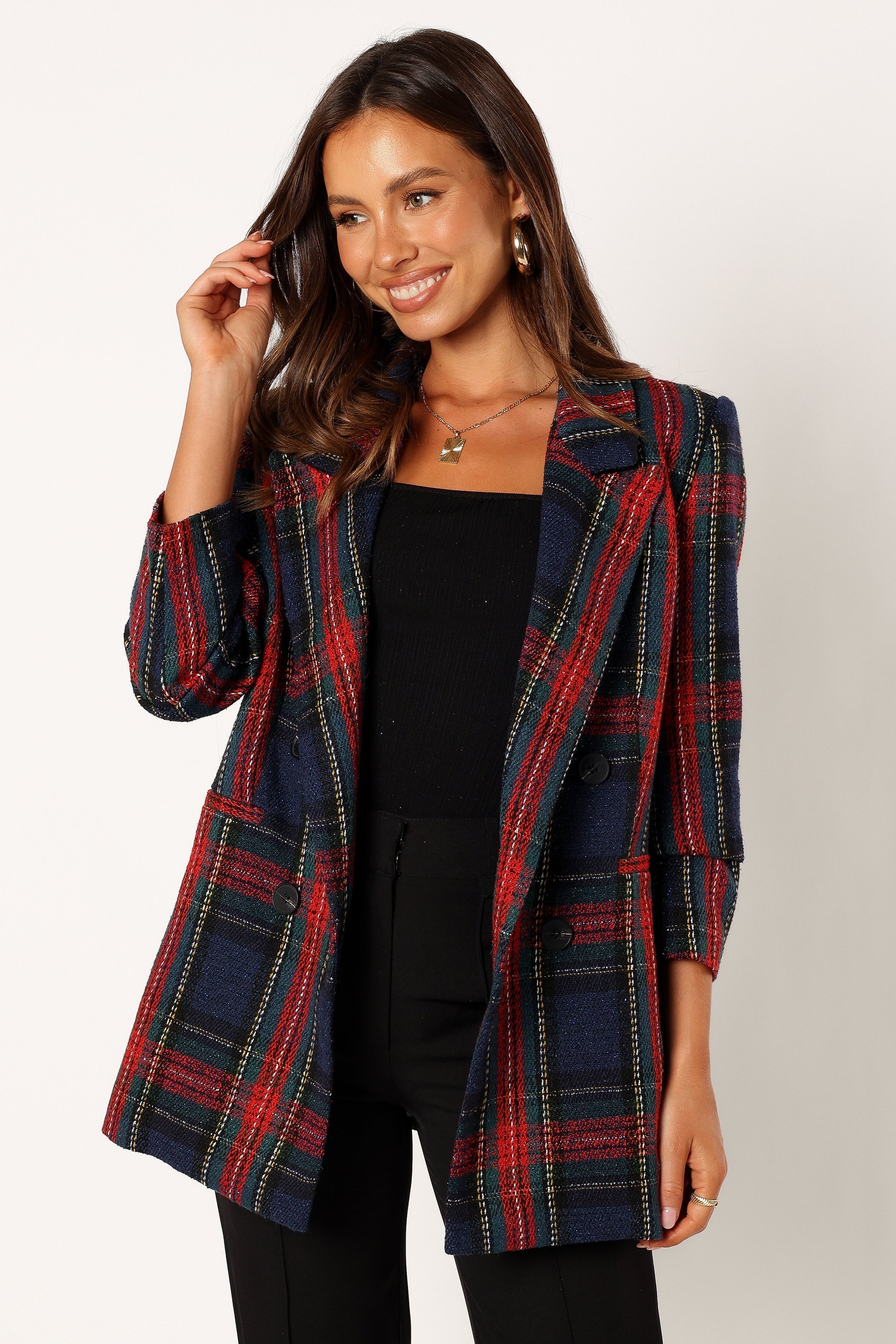 Petal and Pup USA OUTERWEAR Vivienne Plaid Blazer - Red/Navy Multi
