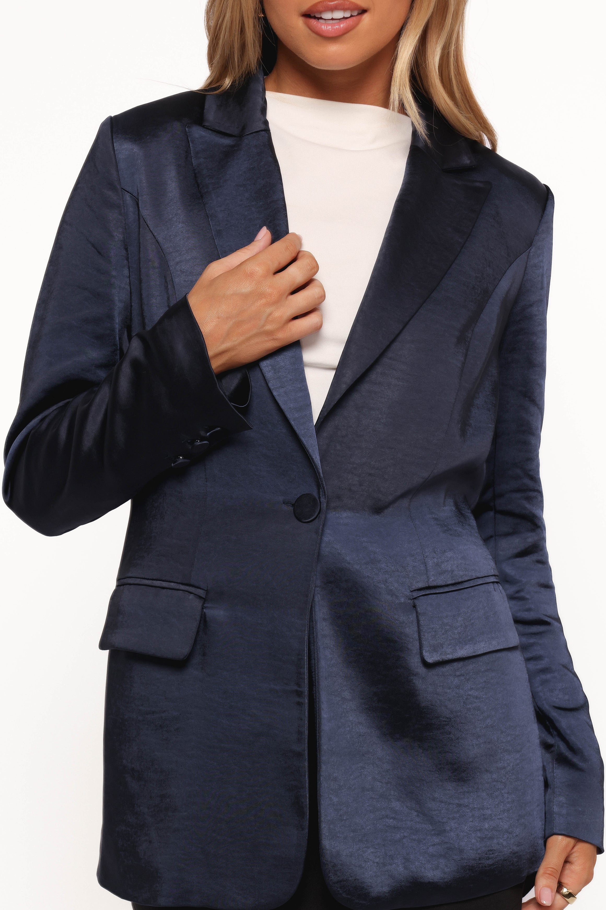 Petal and Pup USA OUTERWEAR Williams Single Button Matte Satin Blazer - Navy
