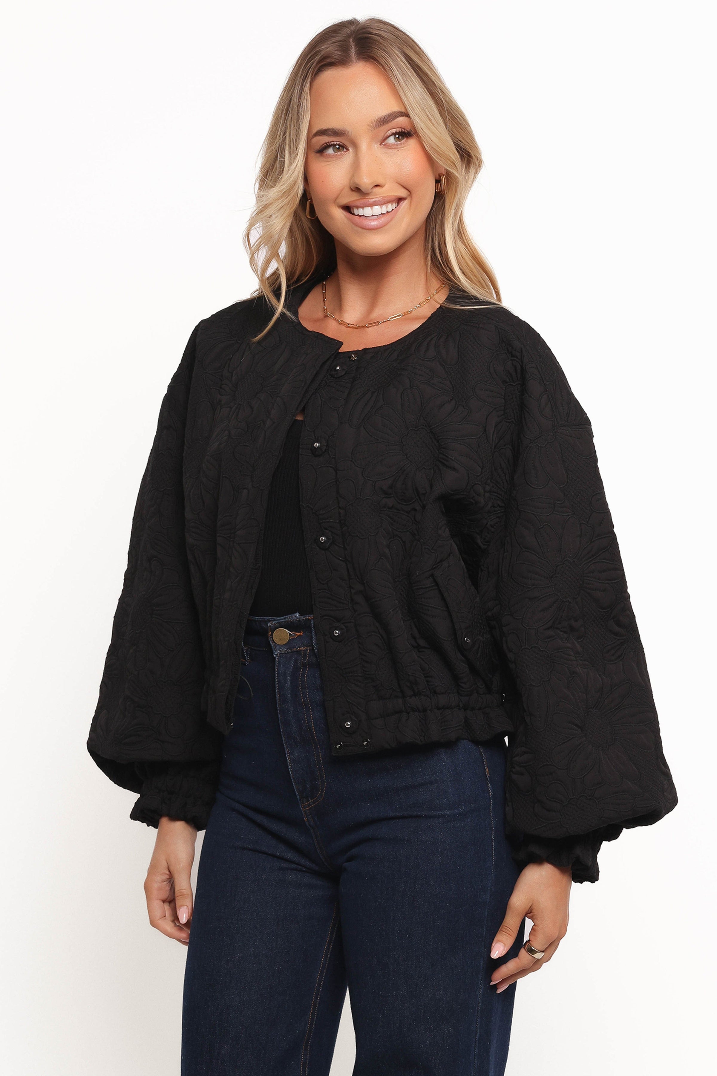 Petal and Pup USA OUTERWEAR Yuki Tonal Embroidered Flower Jacket - Black