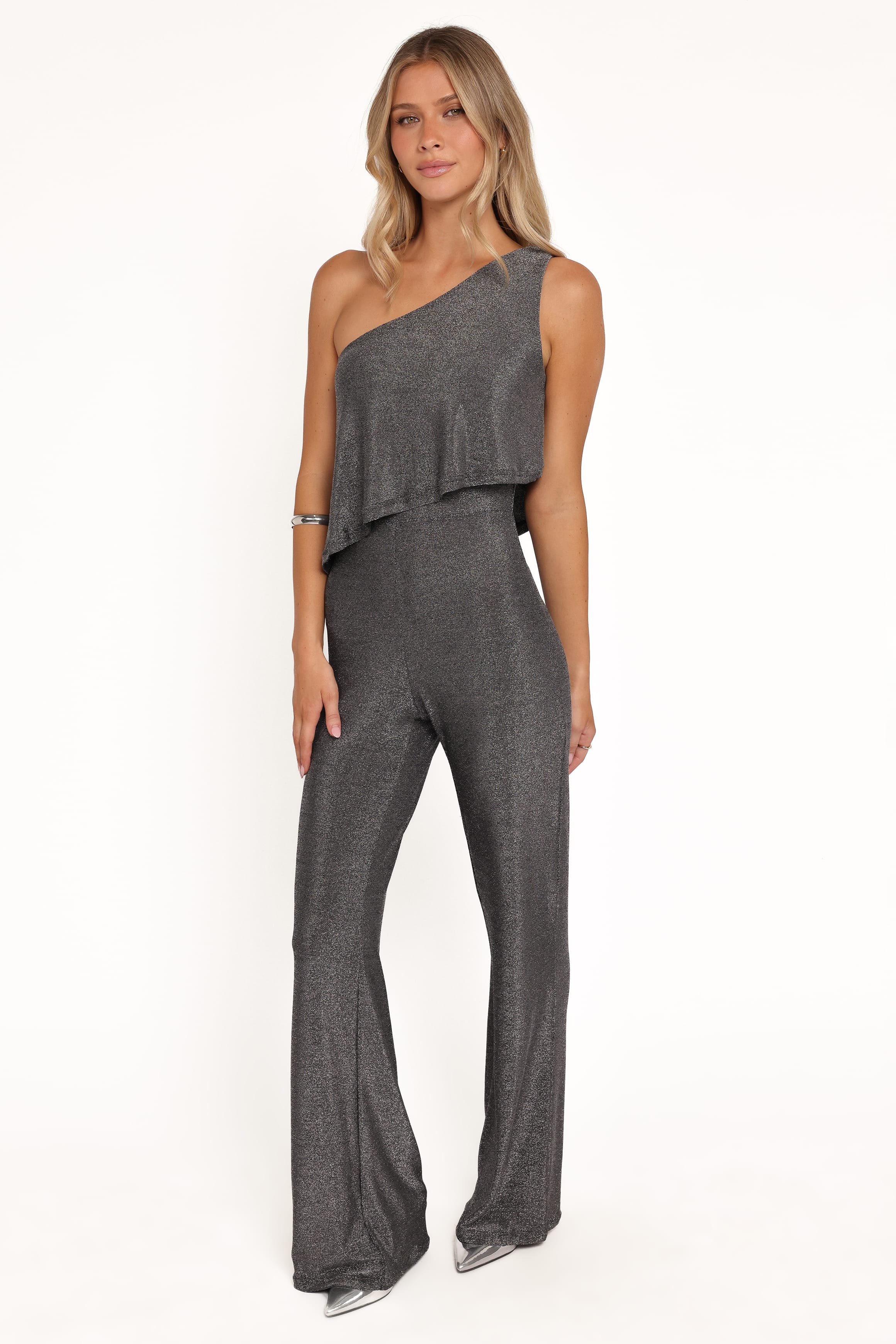 Petal and Pup USA PLAYSUITS Anna One Shoulder Lurex Jumpsuit - Black Silver