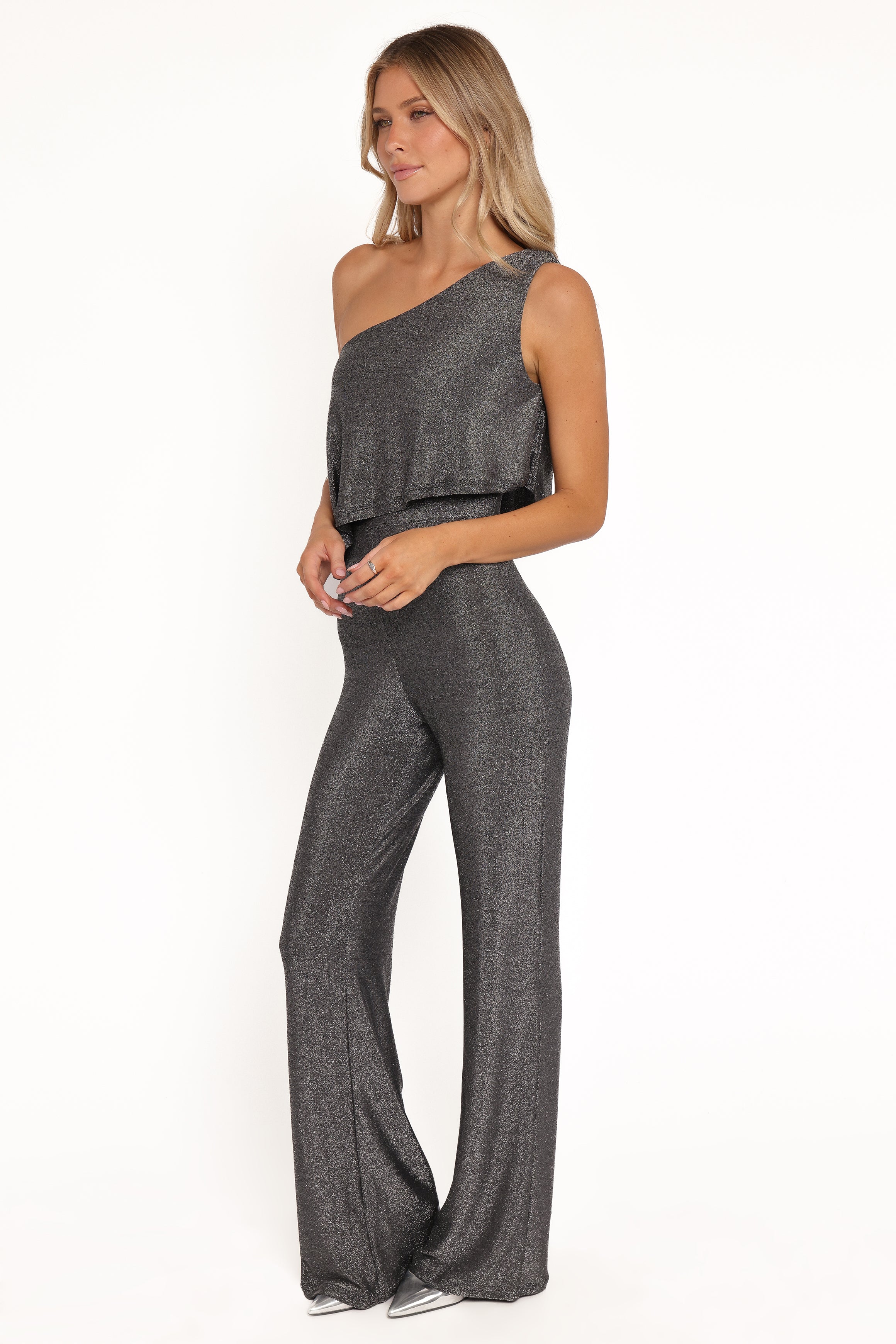 Petal and Pup USA PLAYSUITS Anna One Shoulder Lurex Jumpsuit - Black Silver