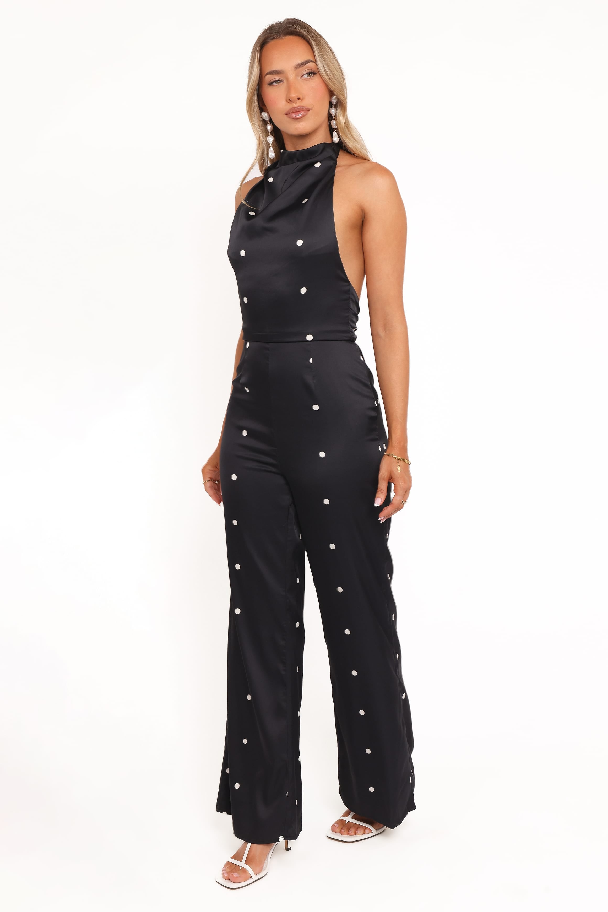 Petal and Pup USA PLAYSUITS Bentley Halterneck Jumpsuit - Black Polka Dot