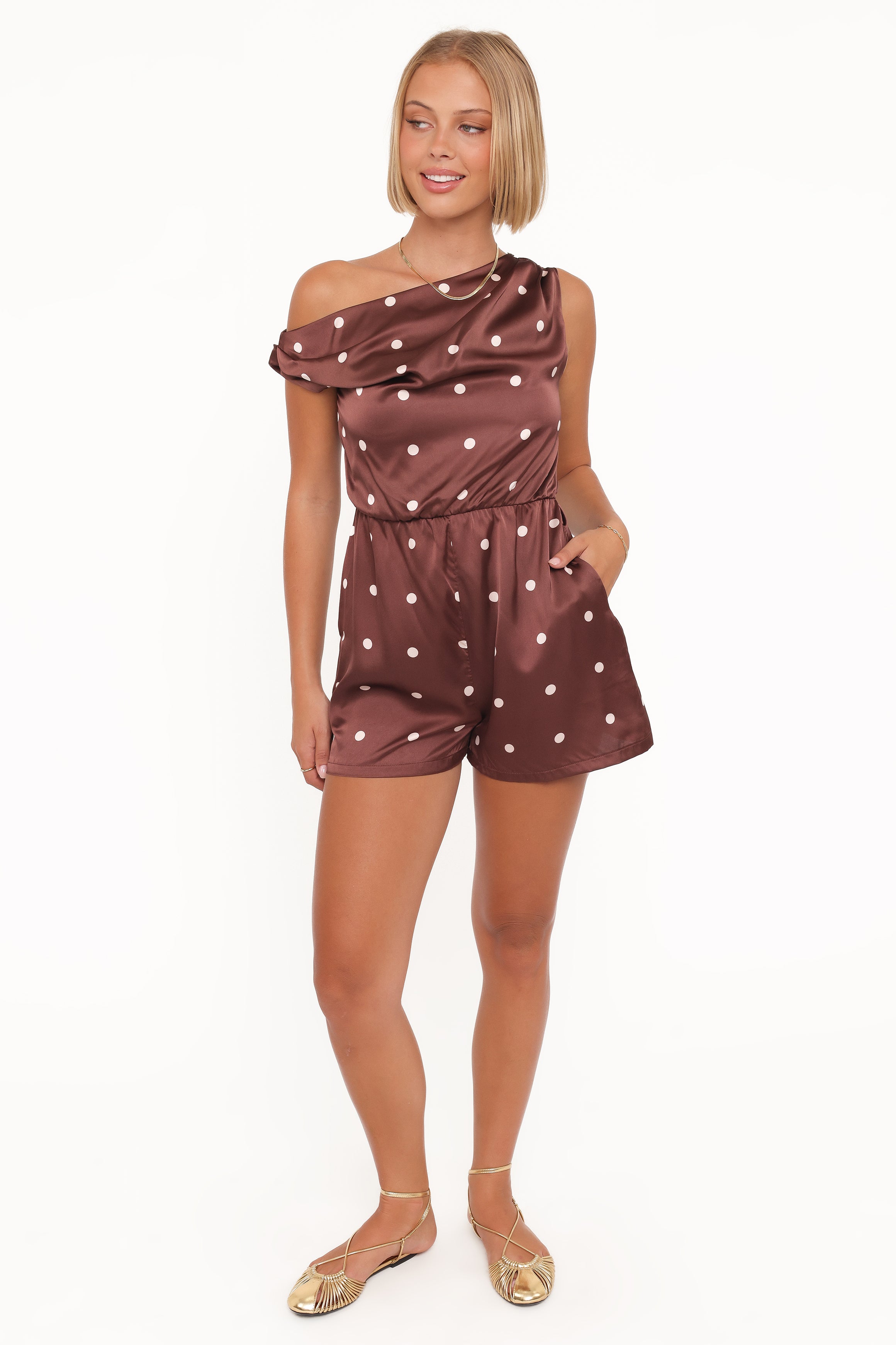 Petal and Pup USA PLAYSUITS Cassidy One Shoulder Romper - Brown Polka Dot