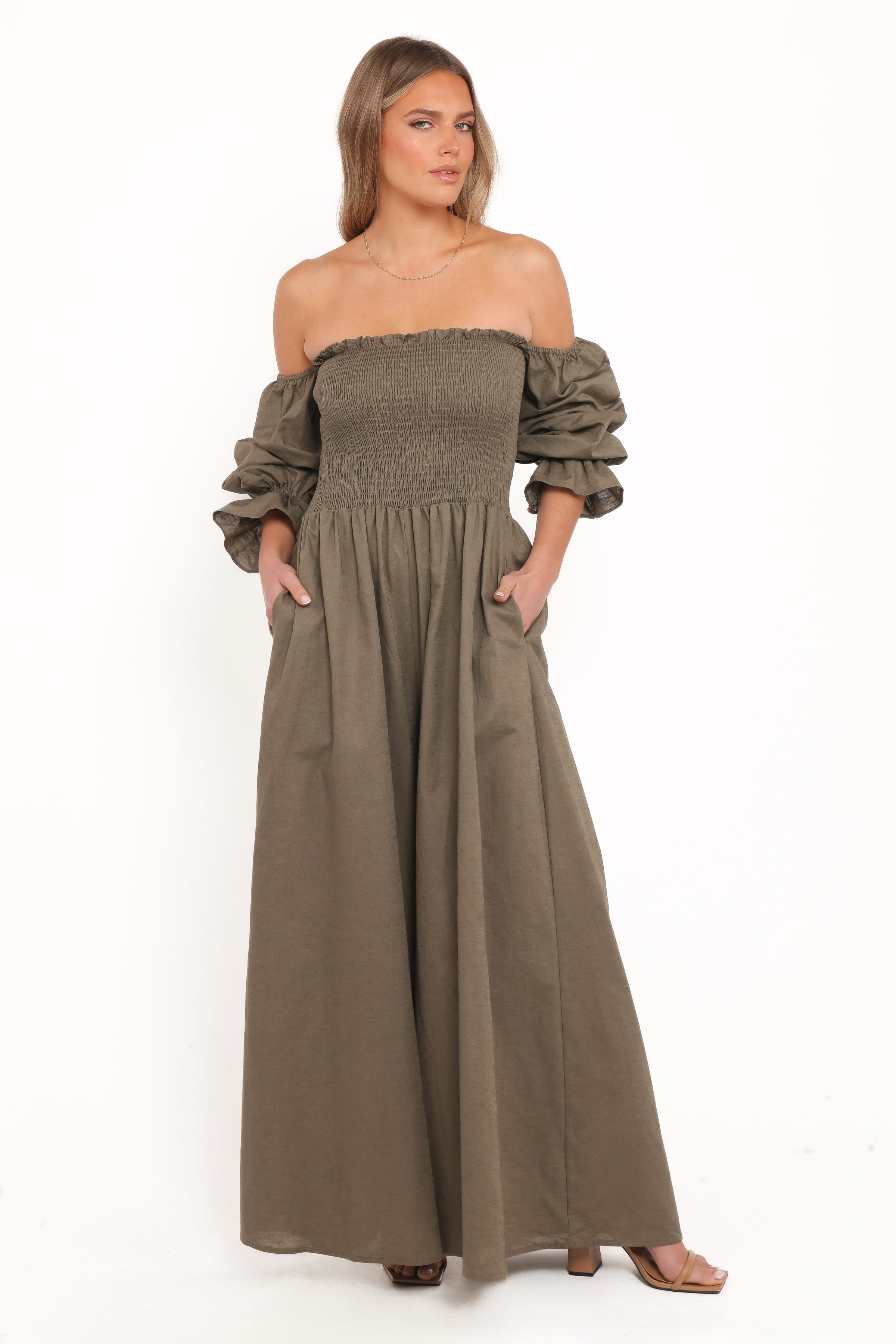 Petal and Pup USA PLAYSUITS Domenica Shirred Long Sleeve Jumpsuit - Olive