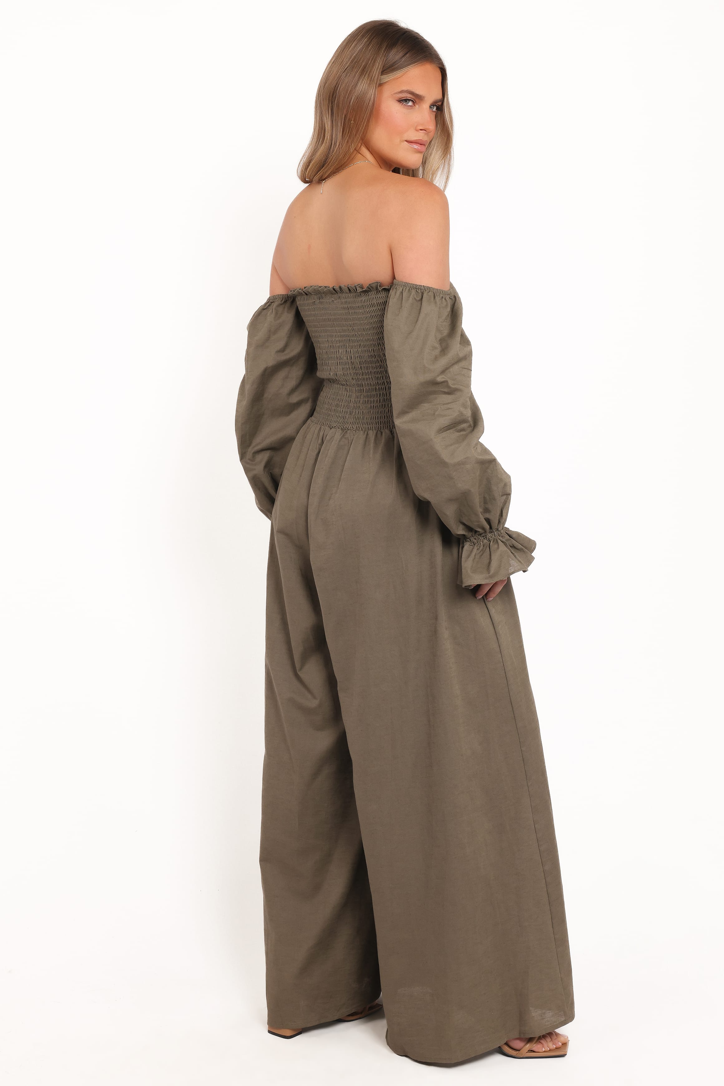Petal and Pup USA PLAYSUITS Domenica Shirred Long Sleeve Jumpsuit - Olive