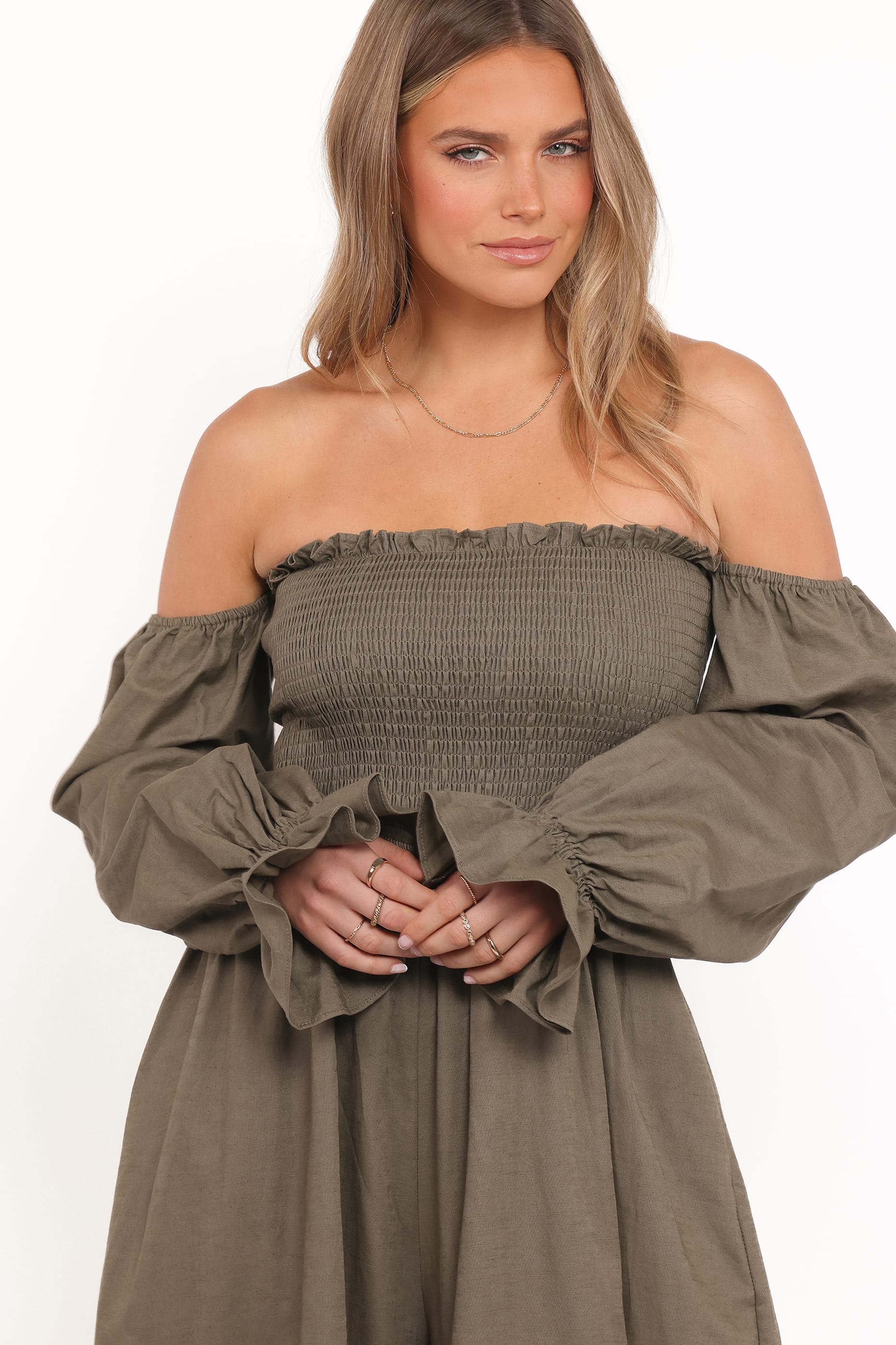 Petal and Pup USA PLAYSUITS Domenica Shirred Long Sleeve Jumpsuit - Olive