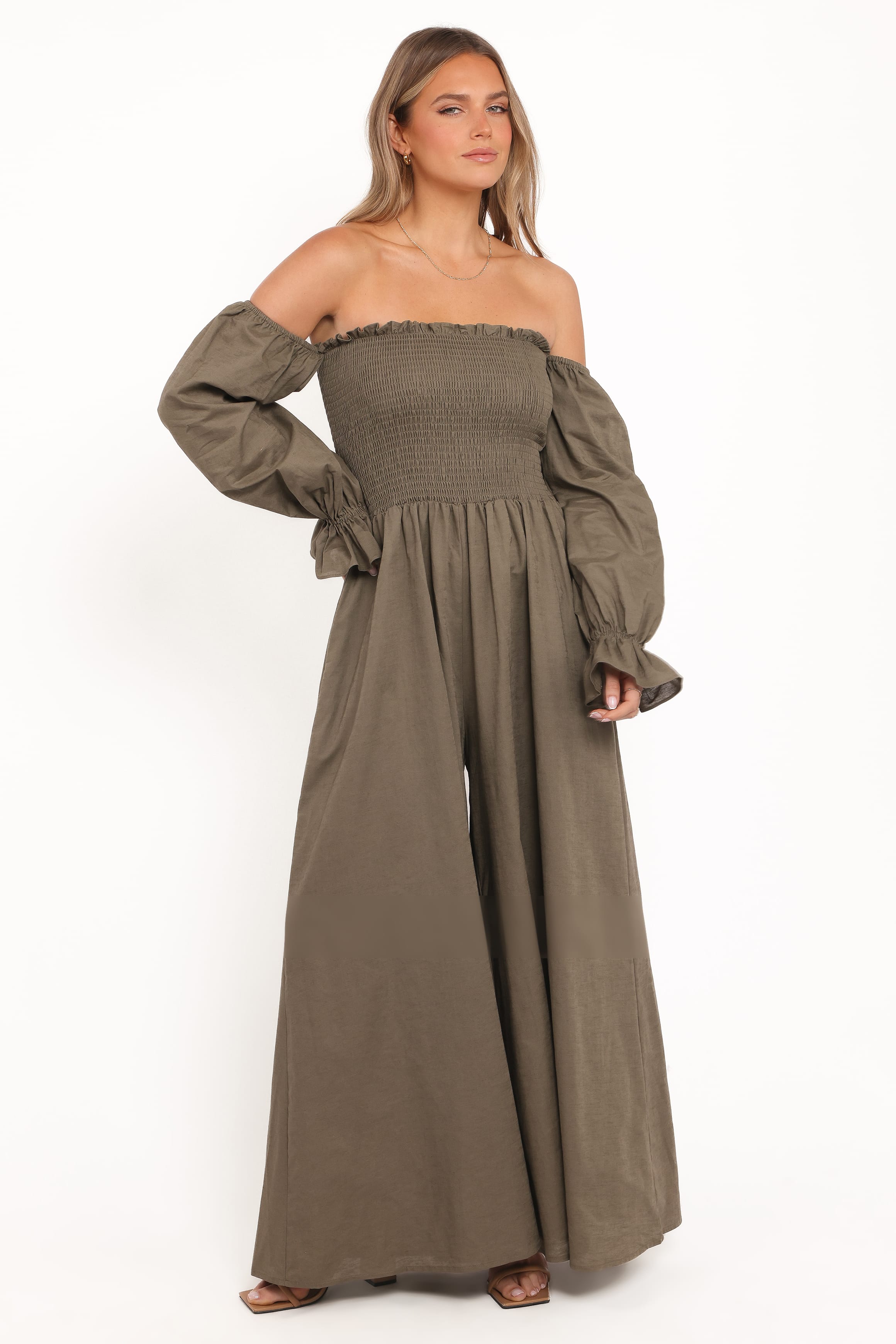 Petal and Pup USA PLAYSUITS Domenica Shirred Long Sleeve Jumpsuit - Olive