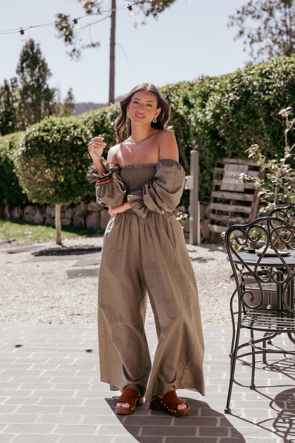 Petal and Pup USA PLAYSUITS Domenica Shirred Long Sleeve Jumpsuit - Olive