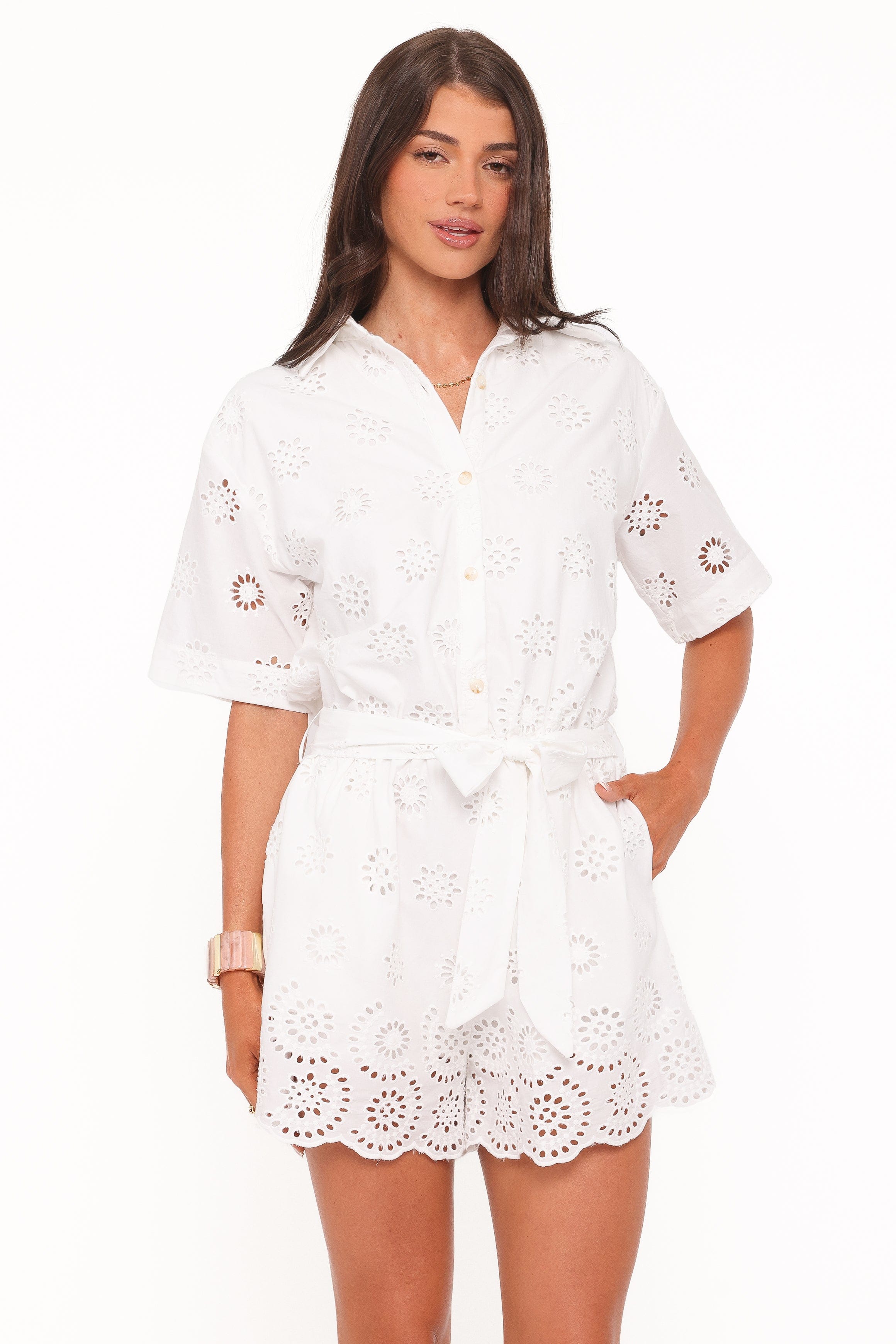 Petal and Pup USA PLAYSUITS Jamie Tie Front Romper - White Broderie