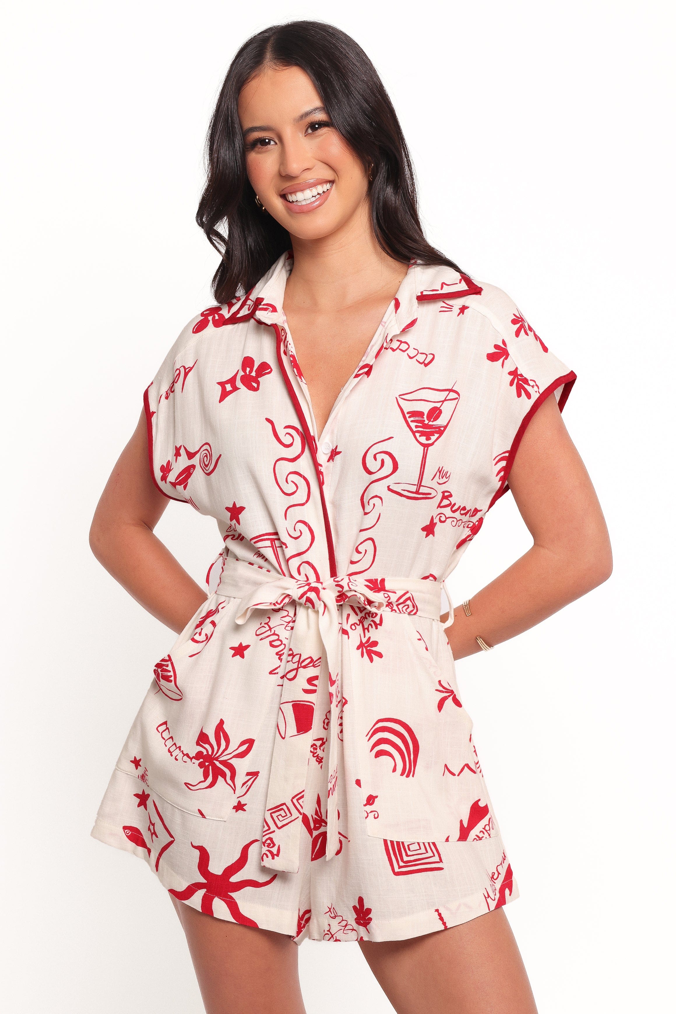 Petal and Pup USA PLAYSUITS Kensie Tie Waist Romper - Red (Hold for Amazon)
