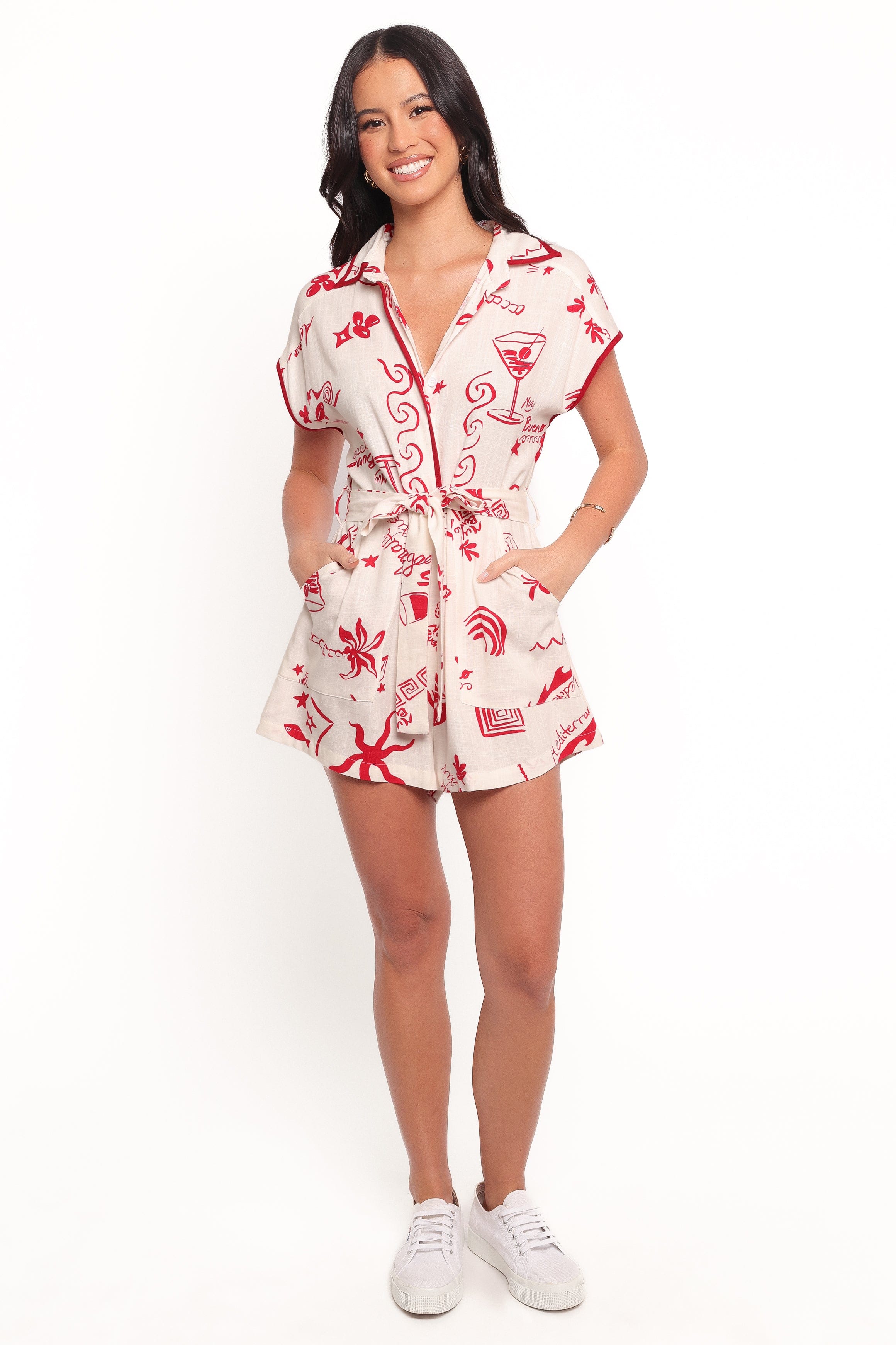 Petal and Pup USA PLAYSUITS Kensie Tie Waist Romper - Red (Hold for Amazon)