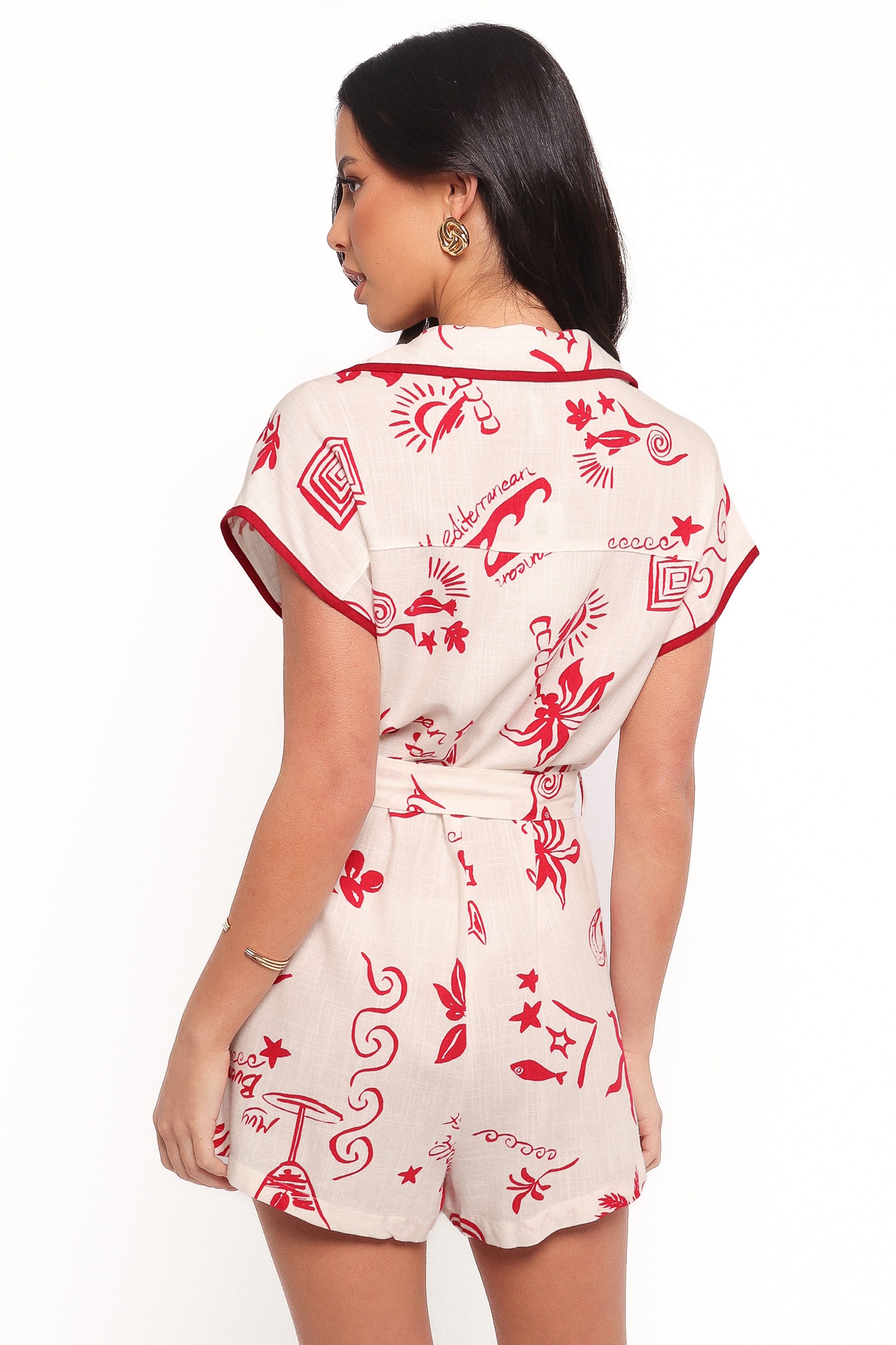 Petal and Pup USA PLAYSUITS Kensie Tie Waist Romper - Red (Hold for Amazon)