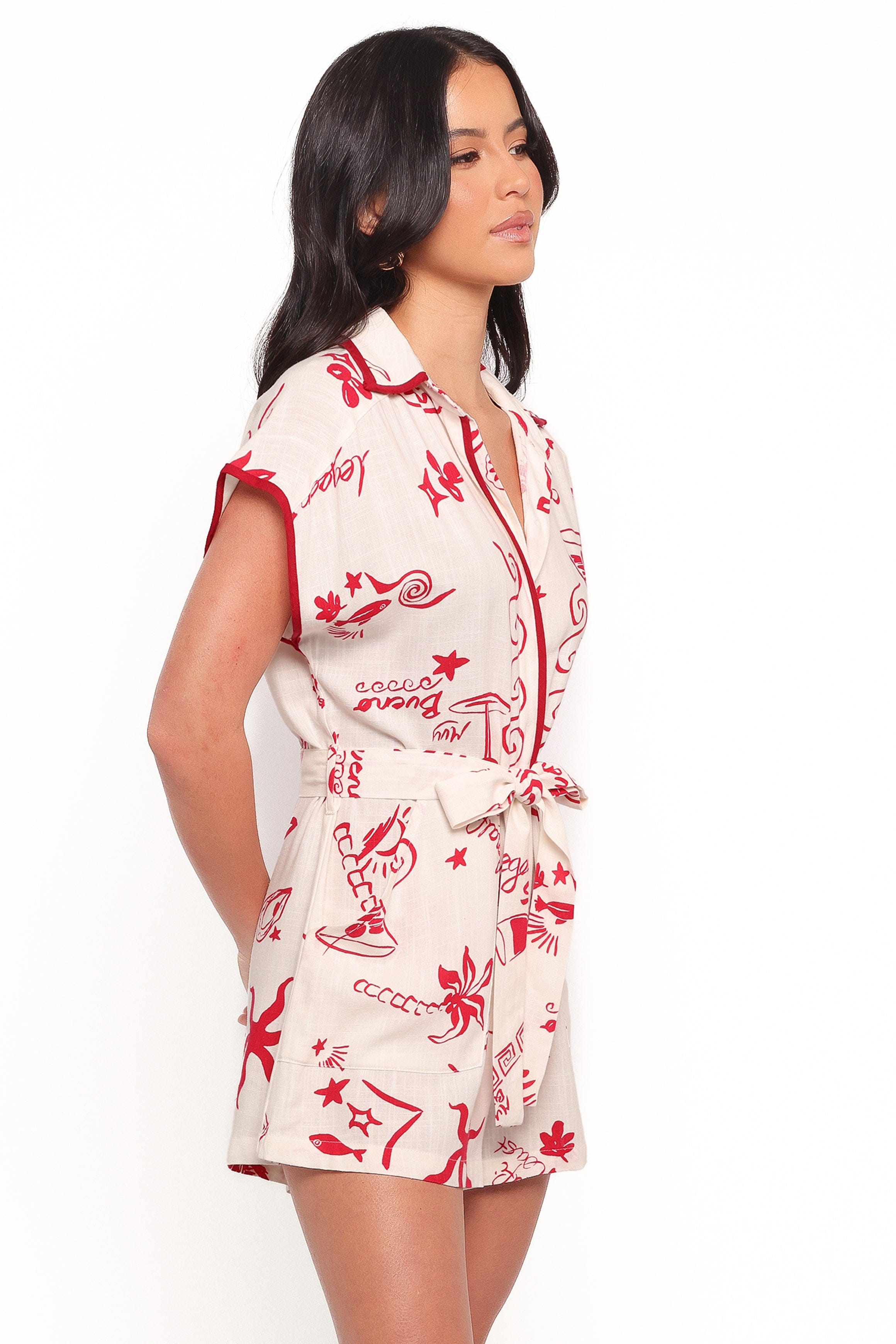 Petal and Pup USA PLAYSUITS Kensie Tie Waist Romper - Red (Hold for Amazon)
