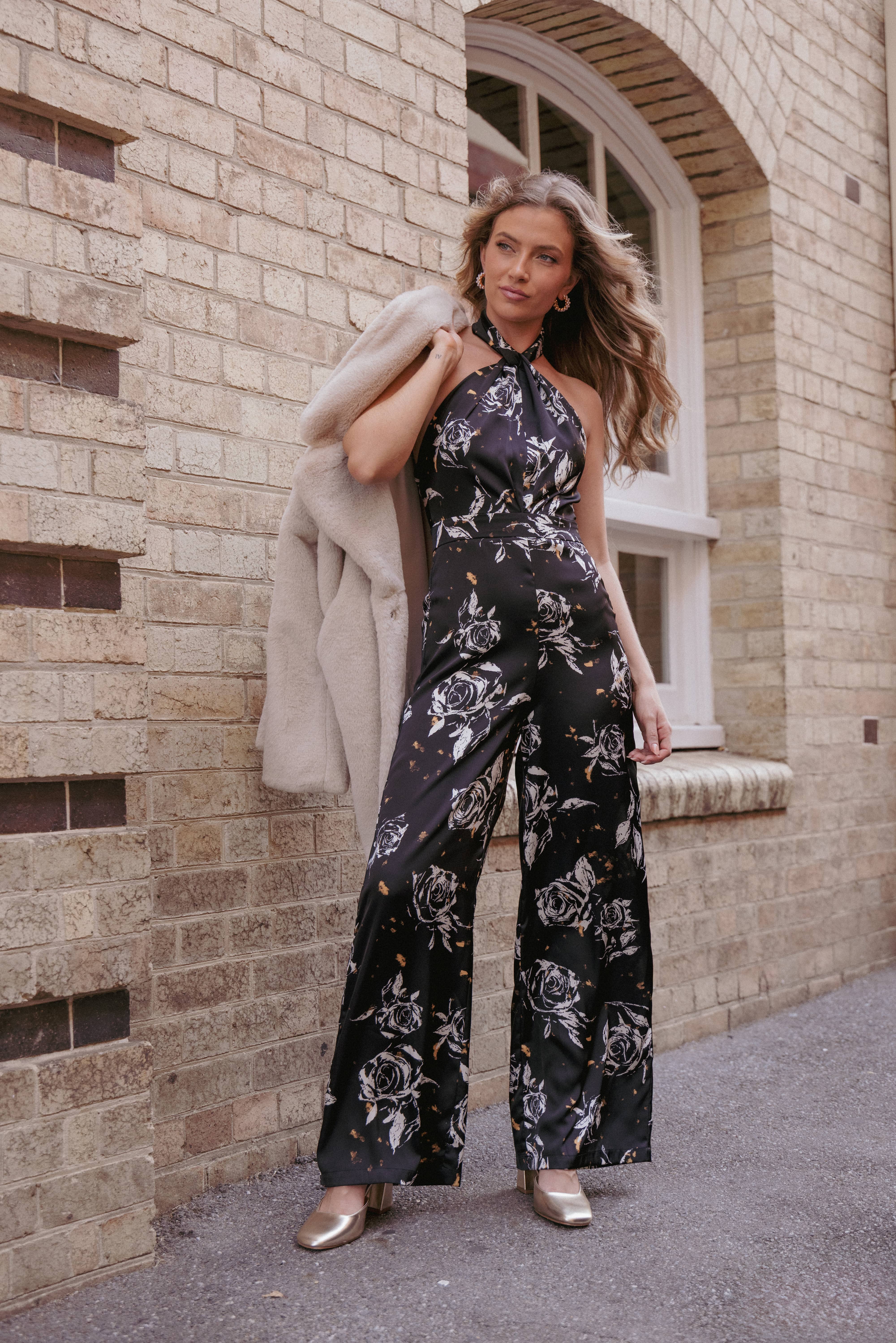 Petal and Pup USA PLAYSUITS Raelynn Halter Jumpsuit - Black Floral