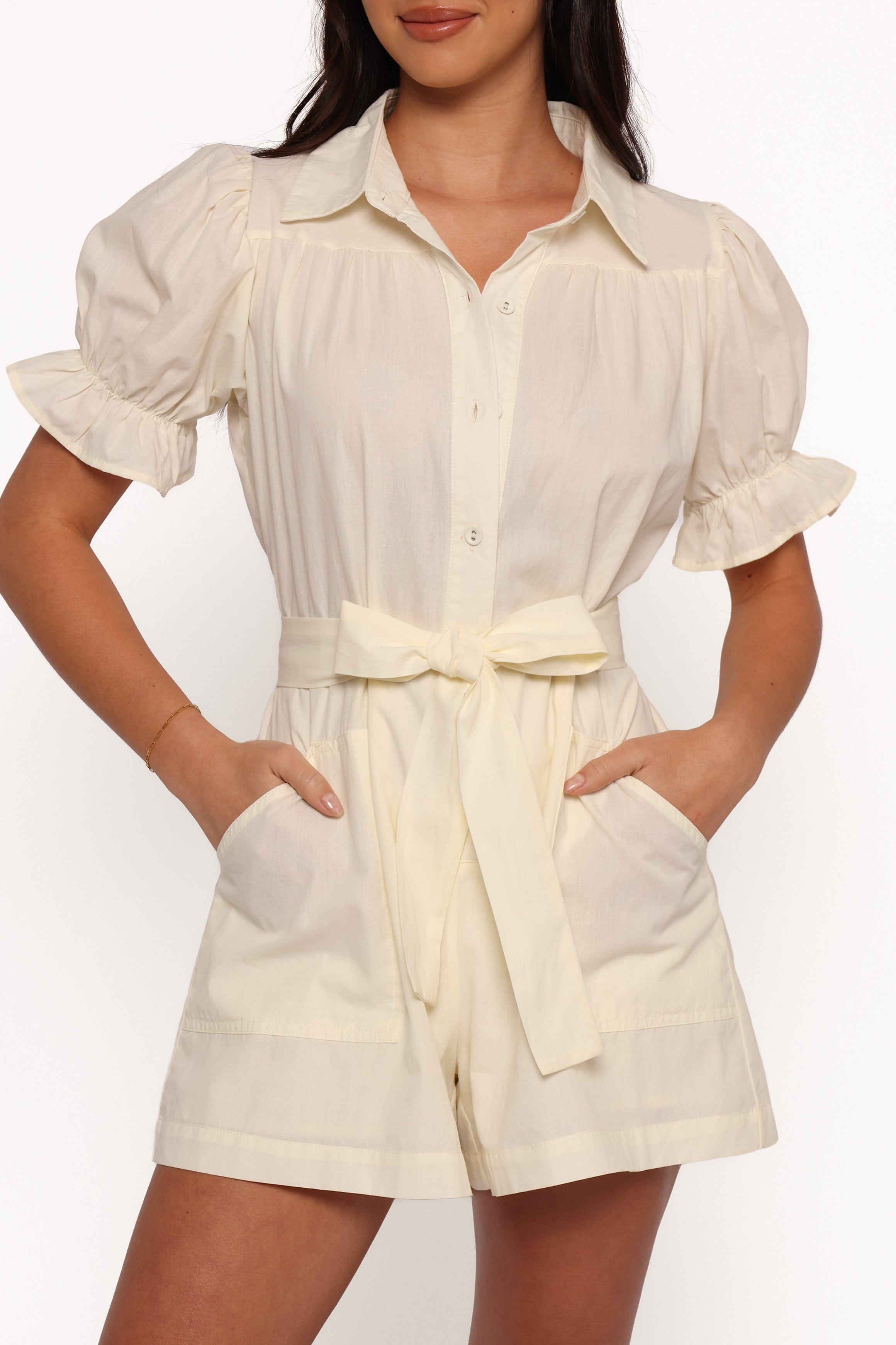 Petal and Pup USA PLAYSUITS Riley Waist Tie Romper - Cream (Hold for Rack)