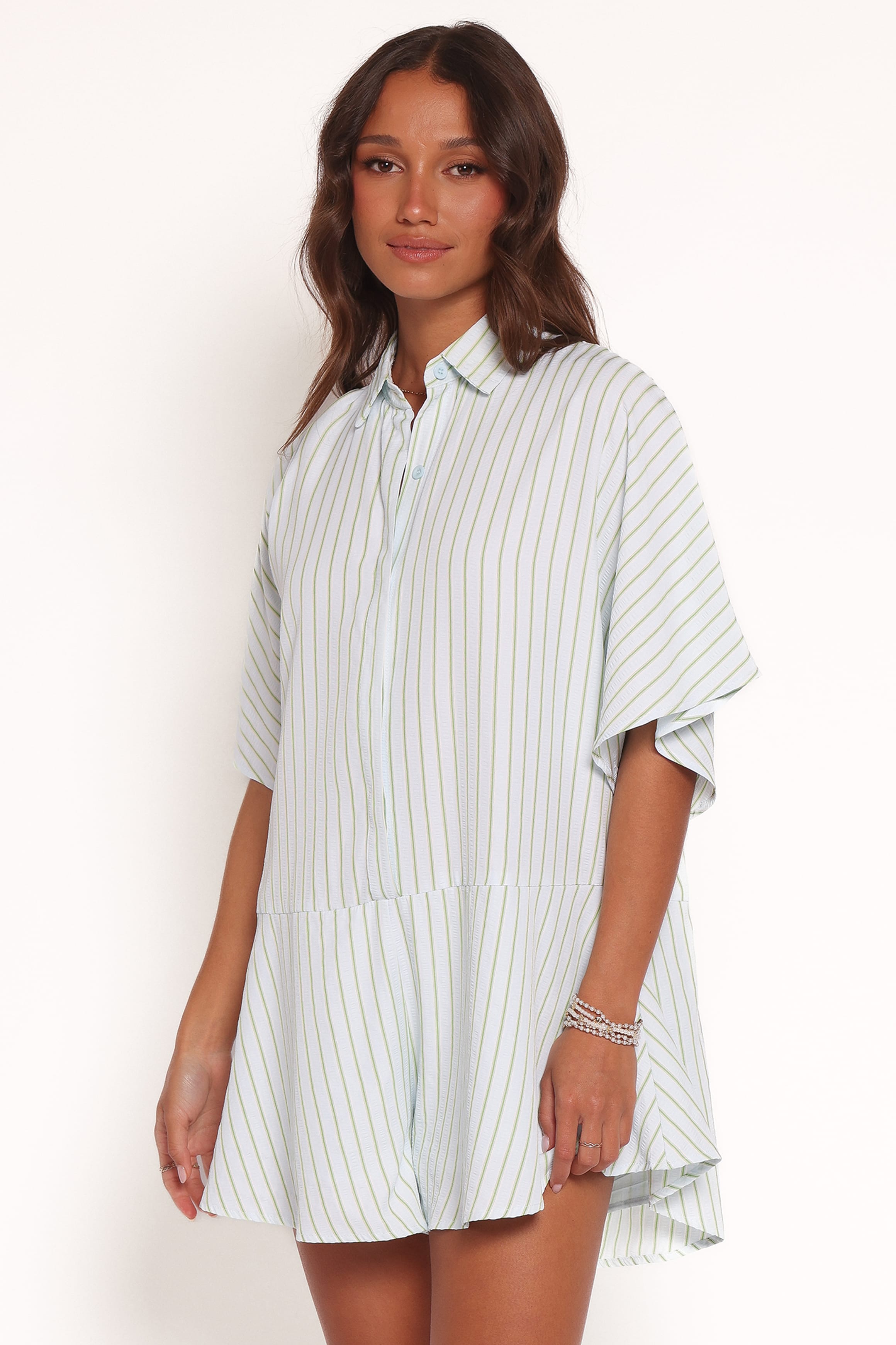 Petal and Pup USA PLAYSUITS Sebastian Romper - Green Blue Stripe