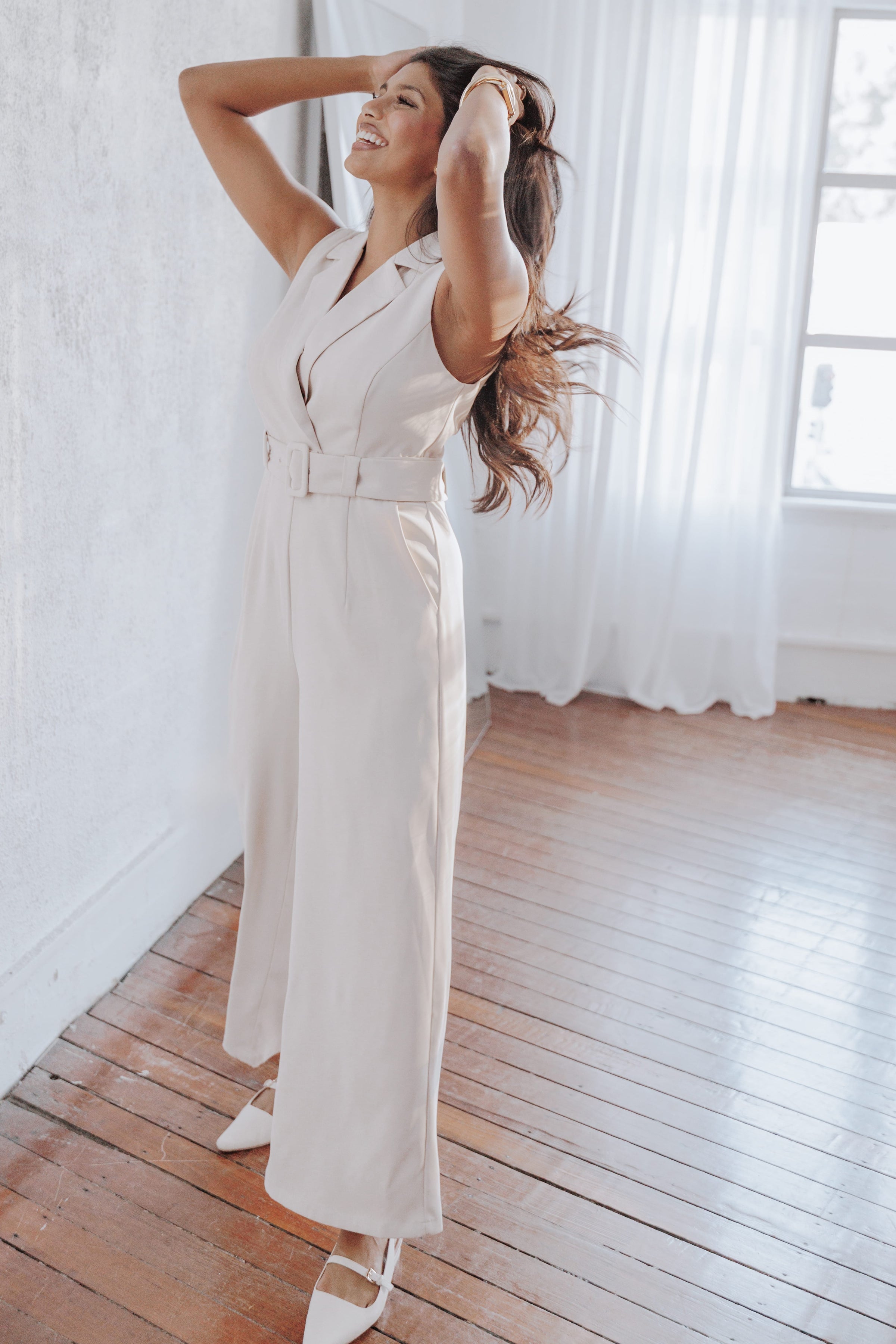 Petal and Pup USA PLAYSUITS Sienna Belted Jumpsuit - Beige