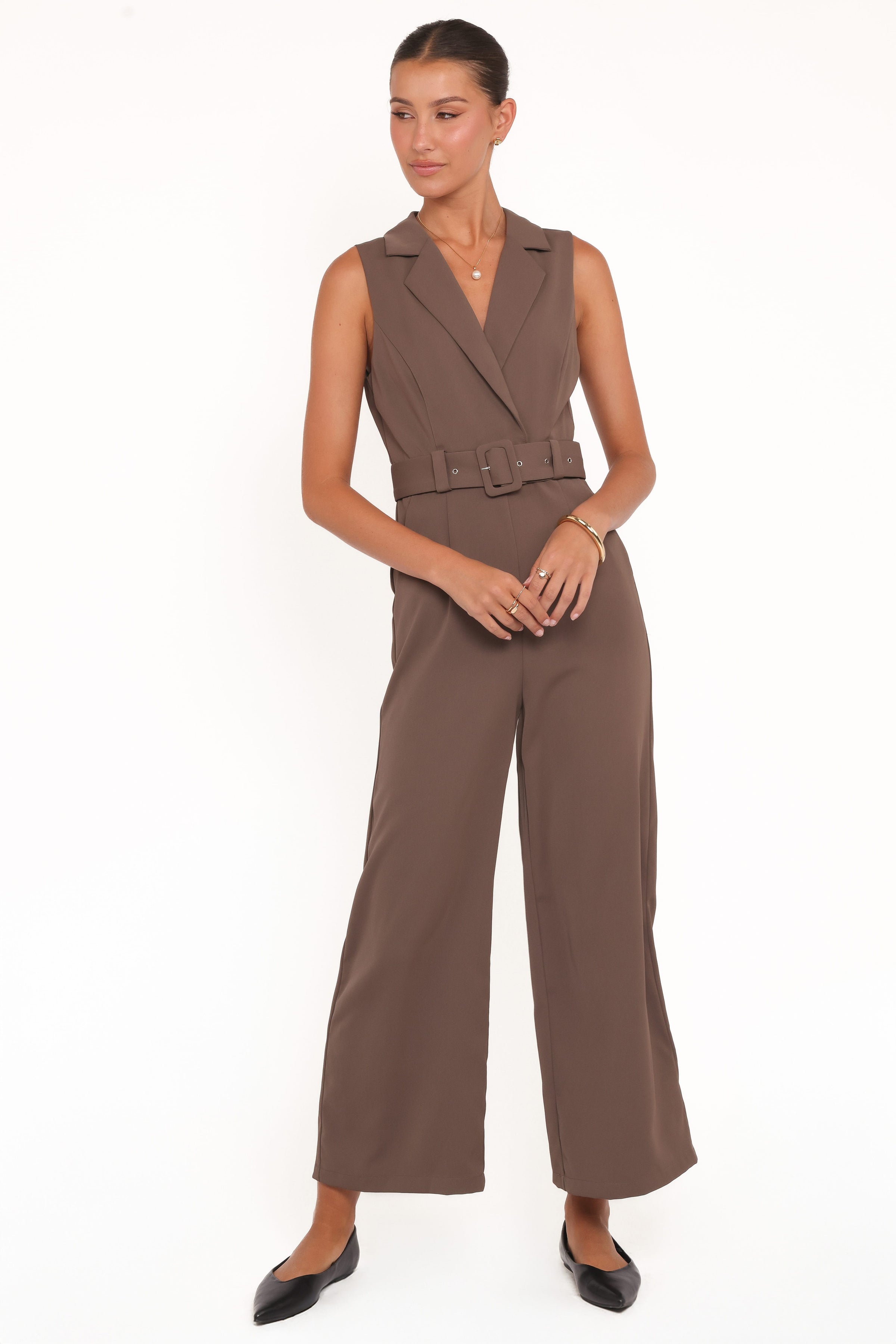 Petal and Pup USA PLAYSUITS Sienna Belted Jumpsuit - Khaki Brown