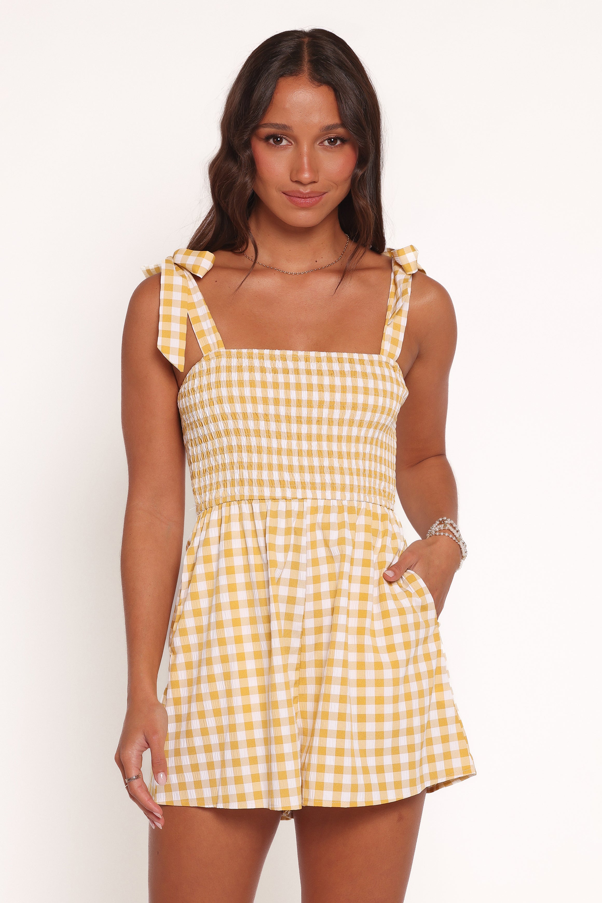 Petal and Pup USA PLAYSUITS Simo Romper - Yellow Gingham
