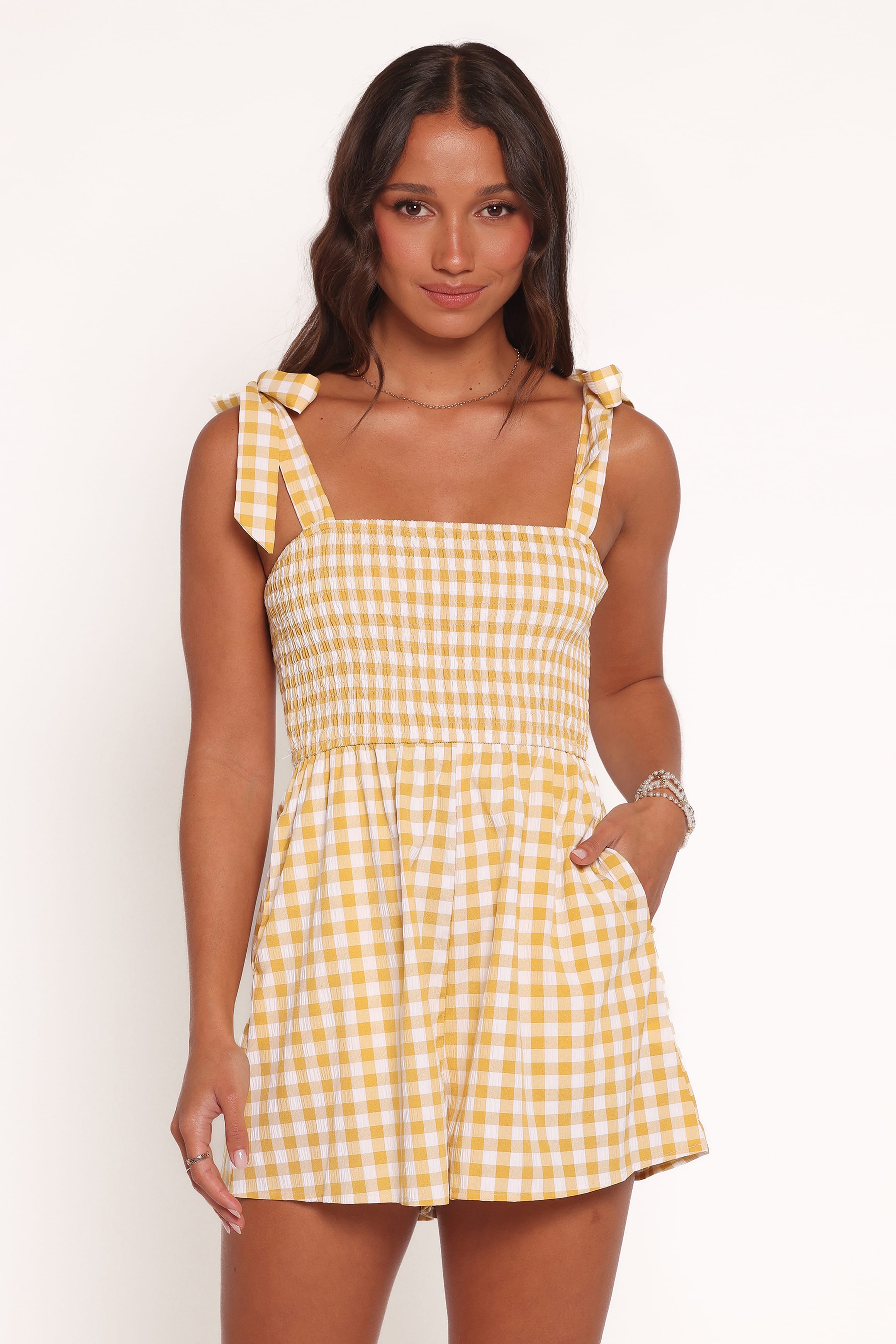 Petal and Pup USA PLAYSUITS Simo Romper - Yellow Gingham