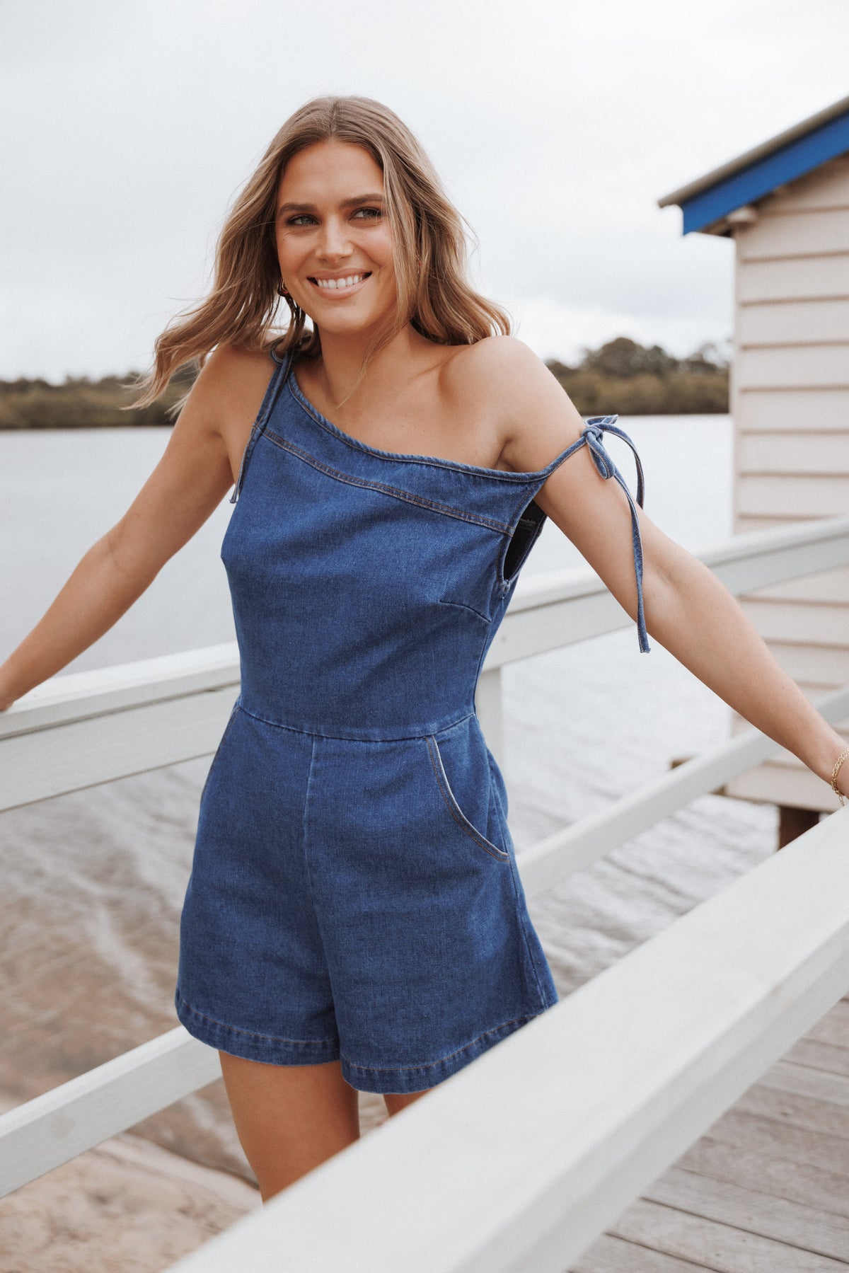 Tatum Off Shoulder Romper - Dark Denim | Petal & Pup USA