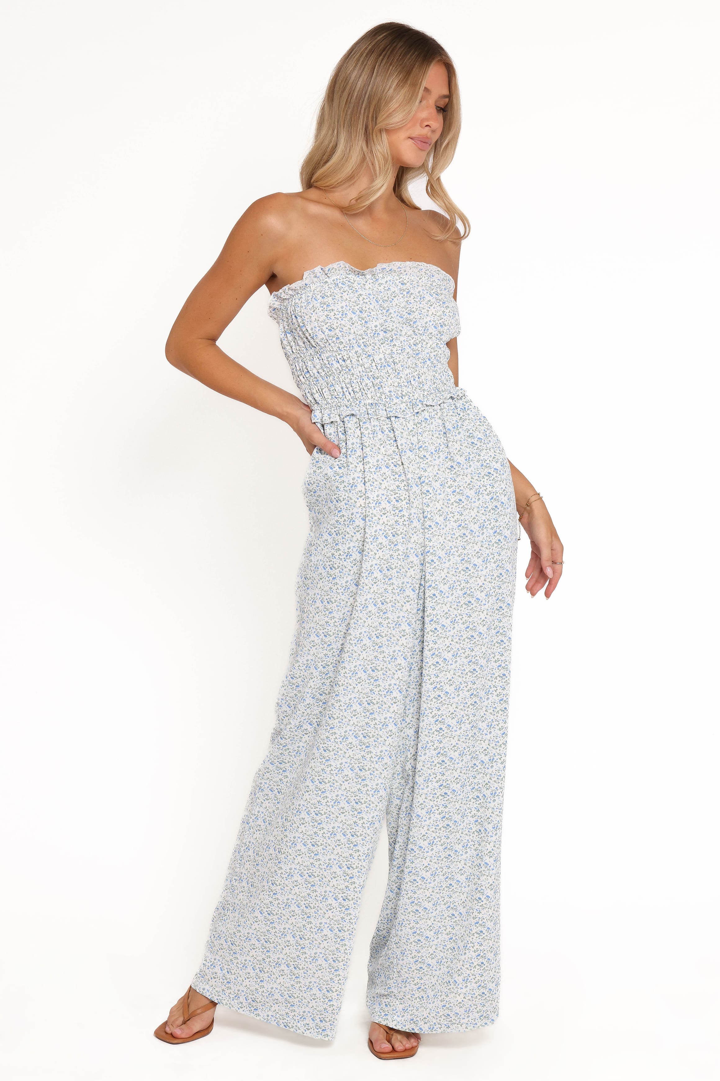 Petal and Pup USA PLAYSUITS Yulissa Strapless Jumpsuit - Blue Floral