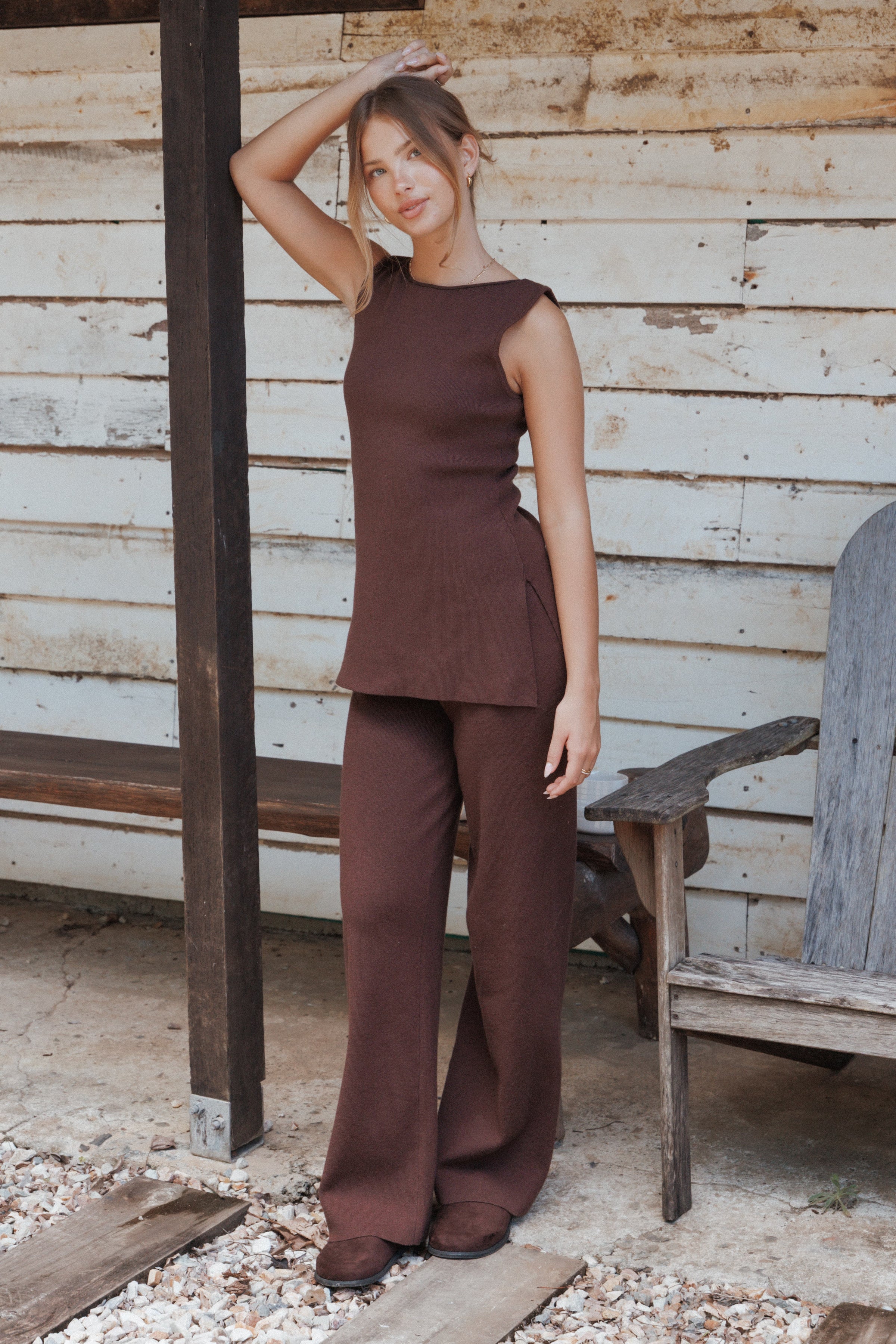 Petal and Pup USA SETS Beth Knitted Pant Set - Chocolate