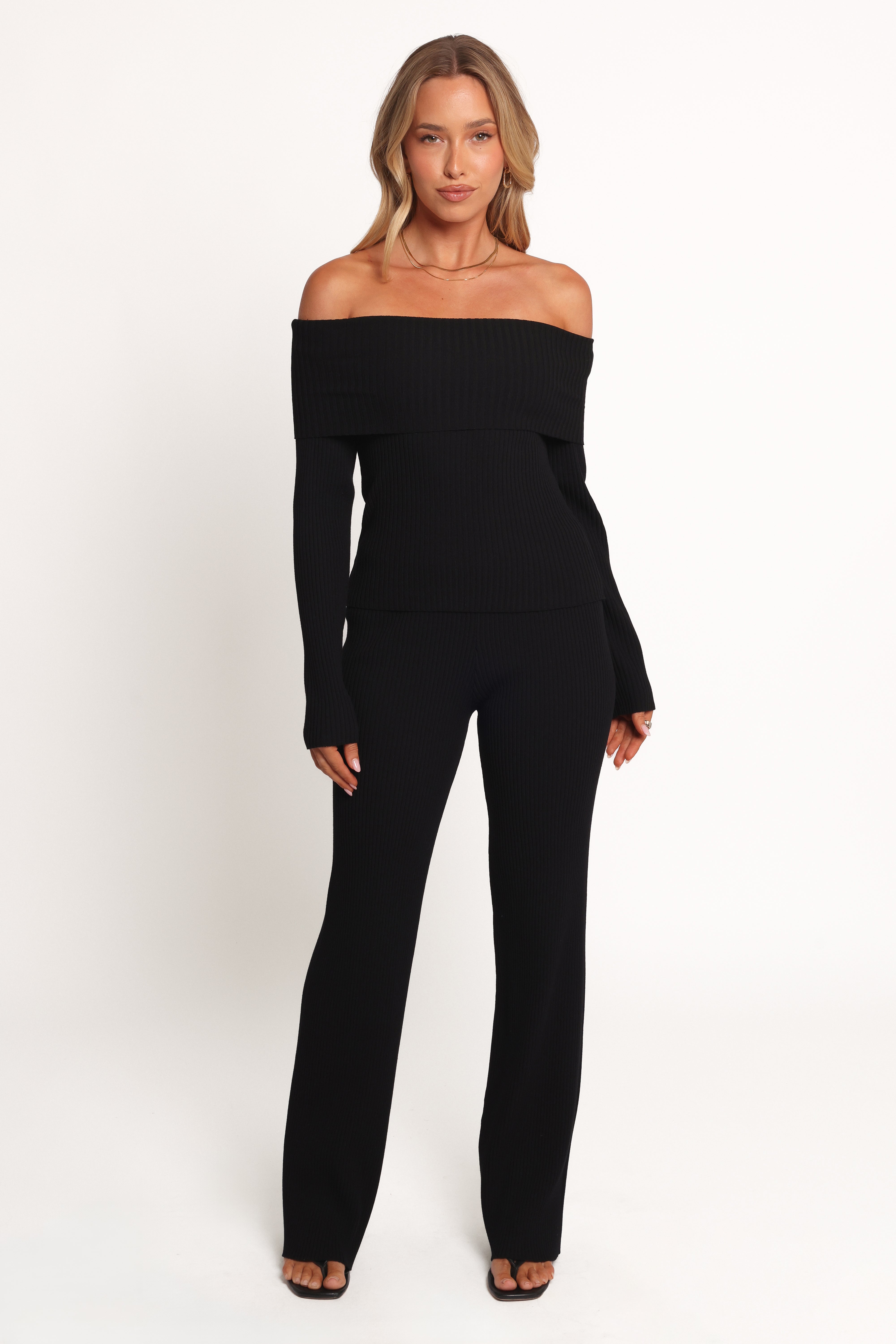 Petal and Pup USA SETS Gindie Ribbed Knit Off The Shoulder Pant Set - Black