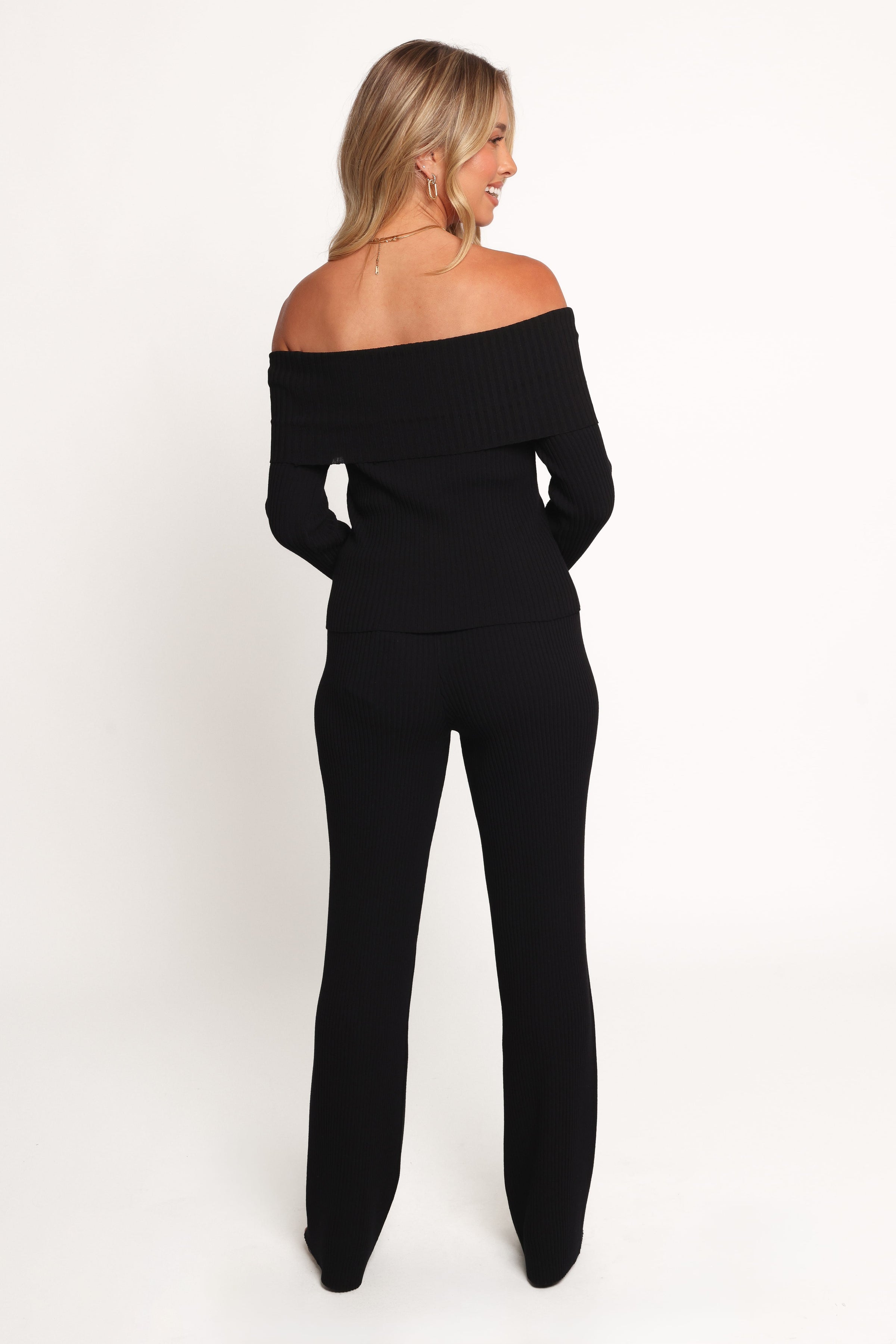 Petal and Pup USA SETS Gindie Ribbed Knit Off The Shoulder Pant Set - Black