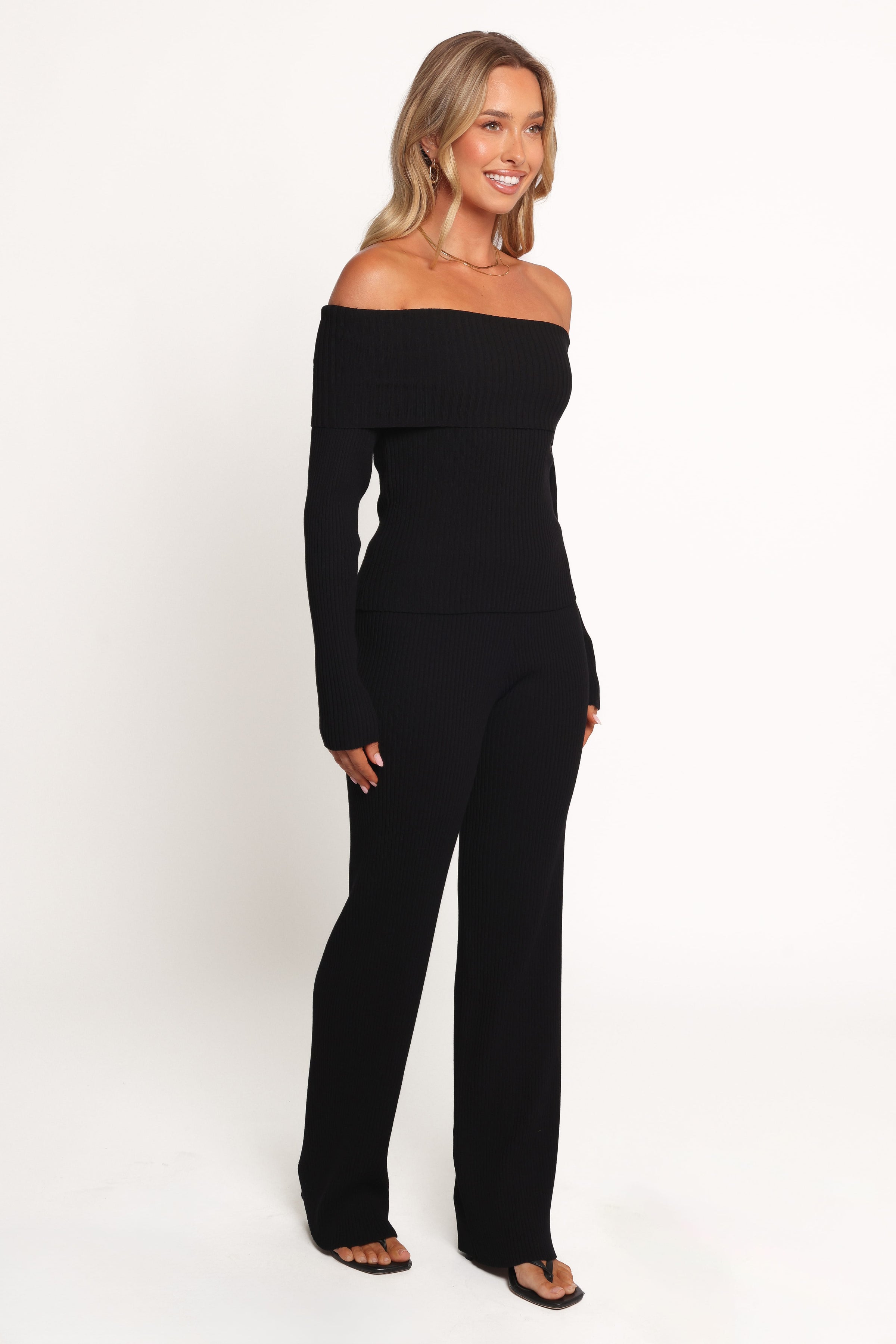 Petal and Pup USA SETS Gindie Ribbed Knit Off The Shoulder Pant Set - Black